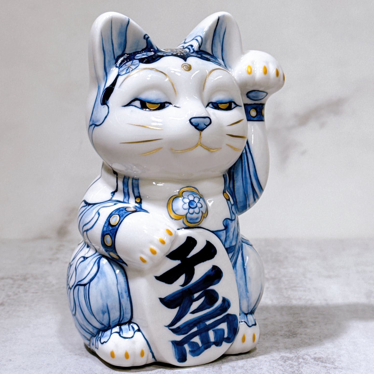 日本清水燒招財貓 染付 觀音 金彩