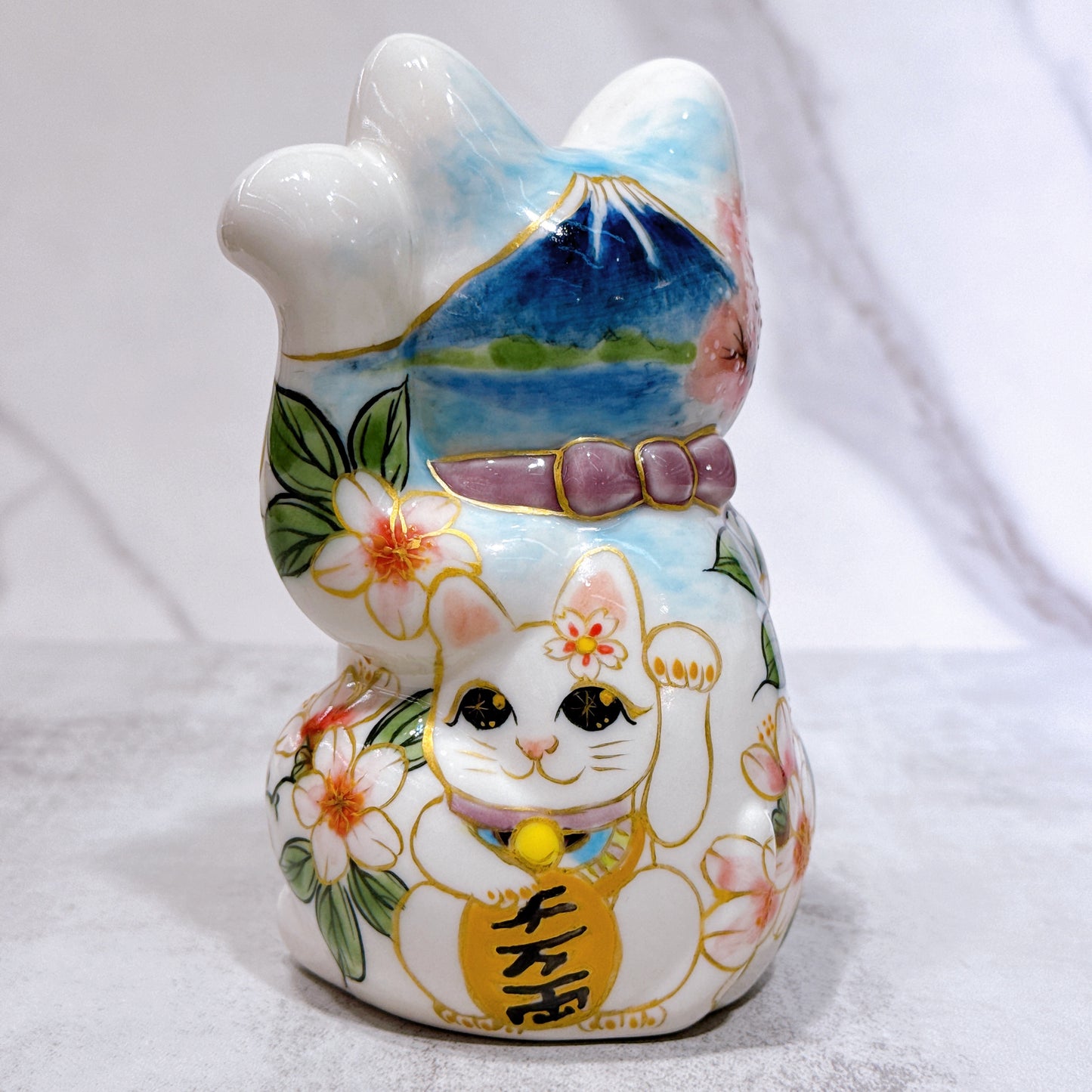 日本清水燒招財貓 色繪 富士櫻之貓