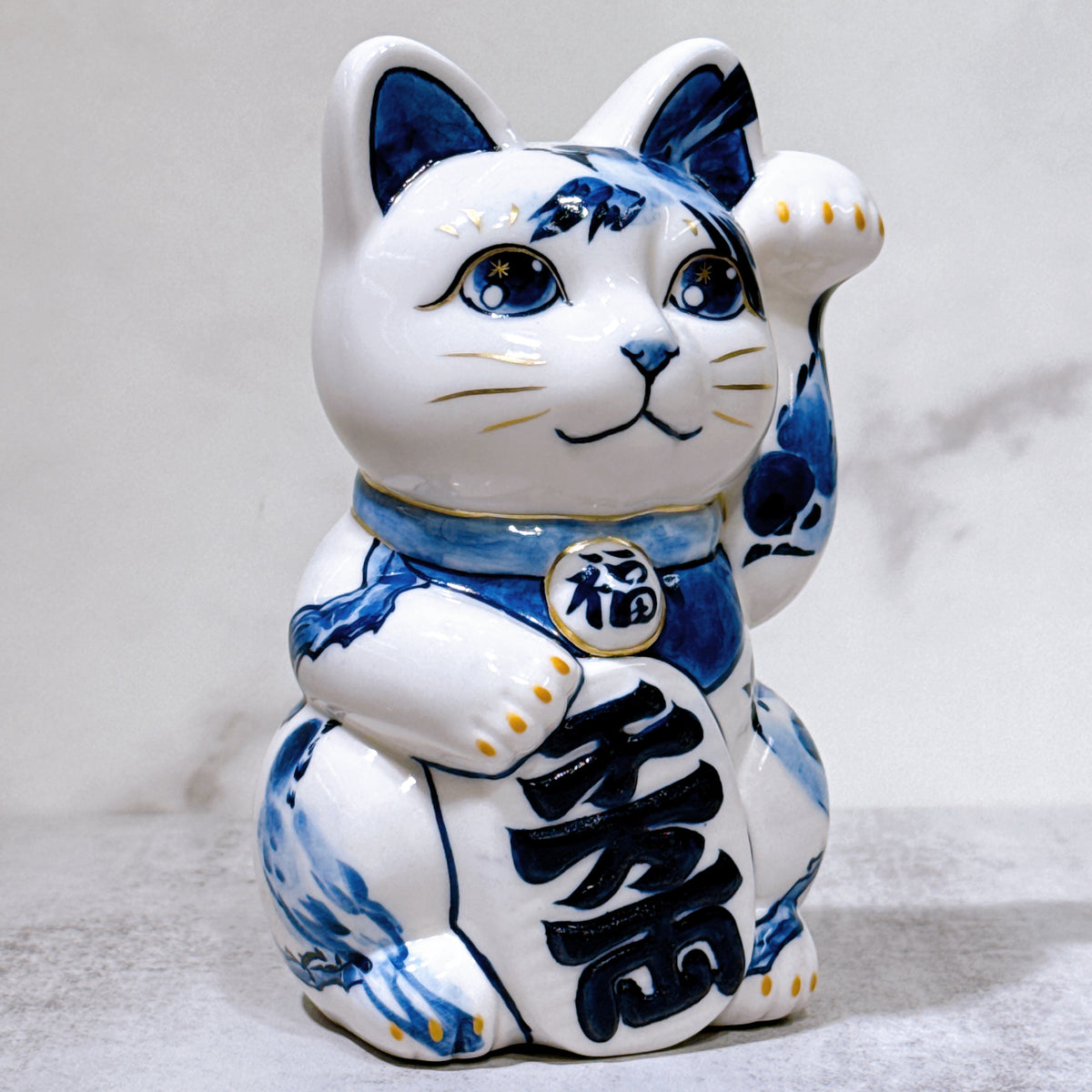 日本清水燒招財貓 染付 鳥 金彩