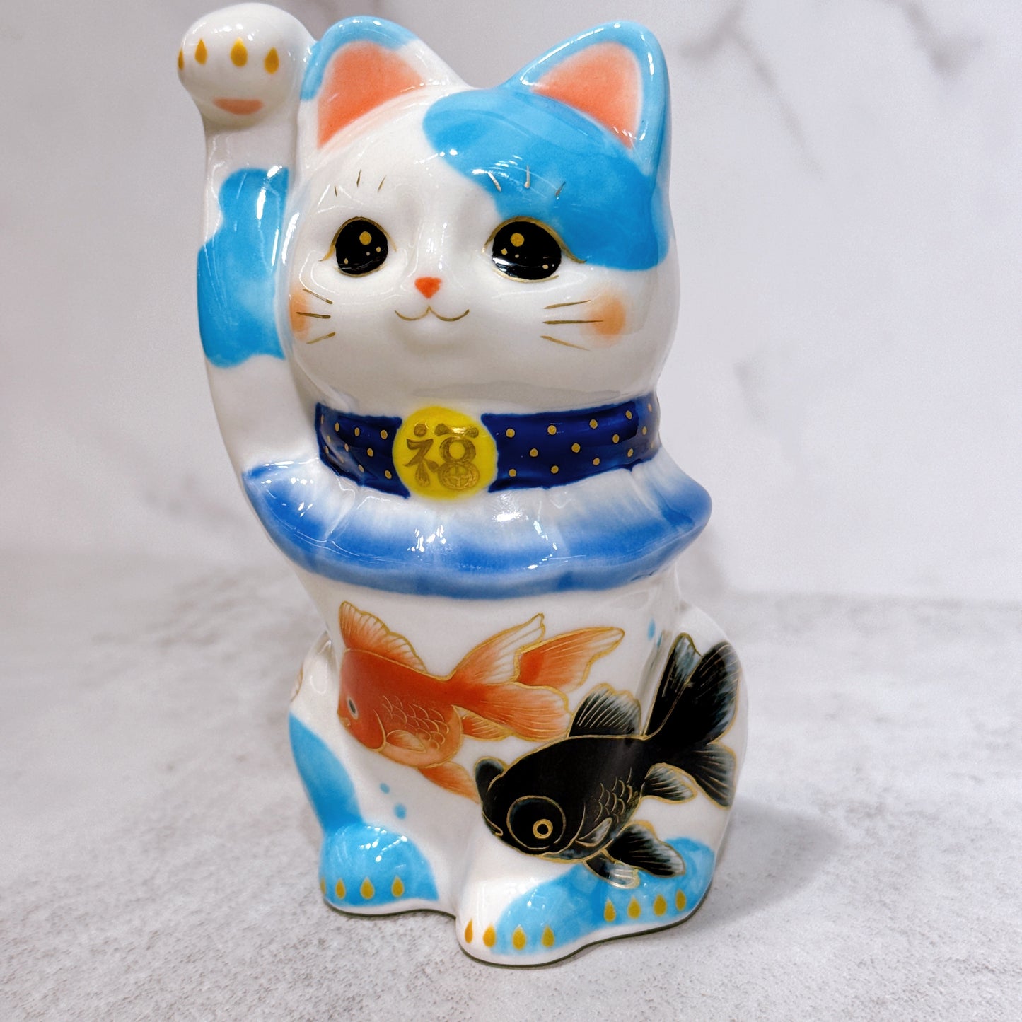 日本清水燒招財貓 色繪 洋水鯉