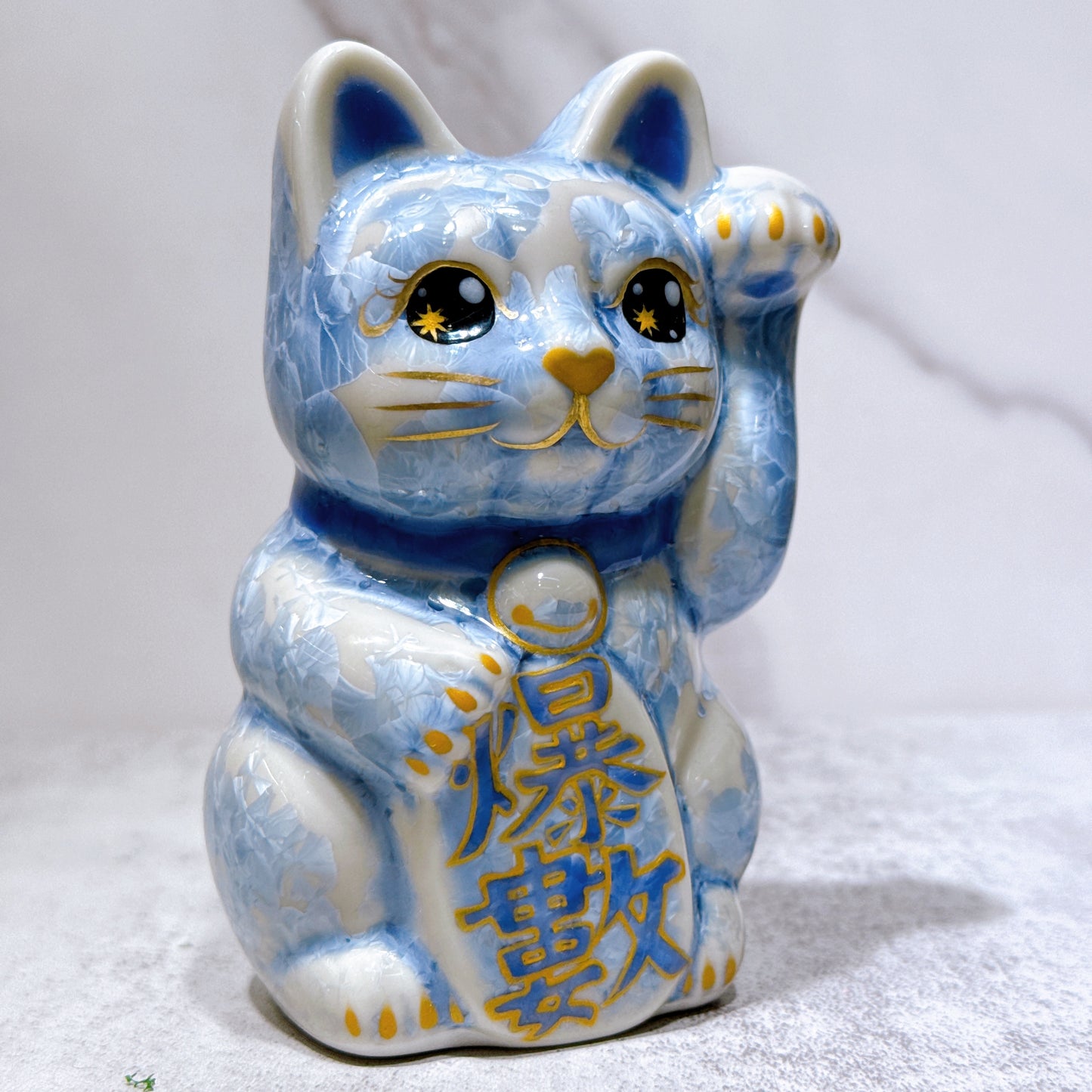 日本清水燒招財貓 花結晶 銀藤 爆數 左 特小
