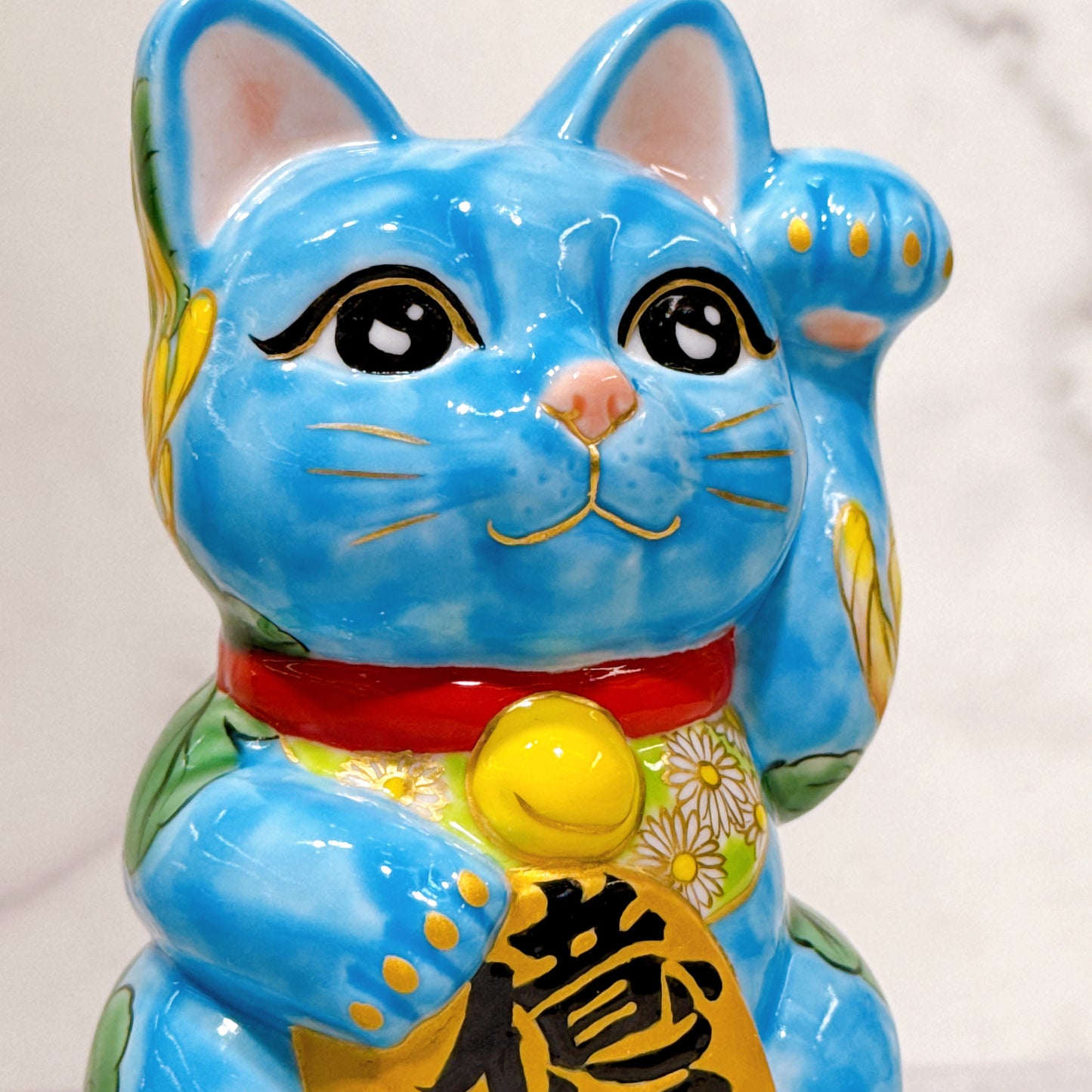 日本清水燒招財貓 色繪 水色黃菊