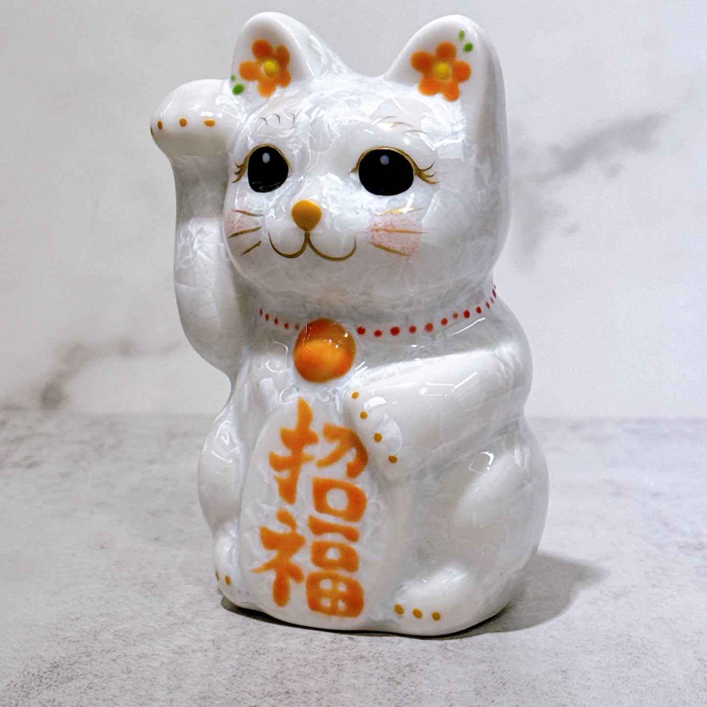 日本清水燒招財貓 花結晶 白 招福 右 特小