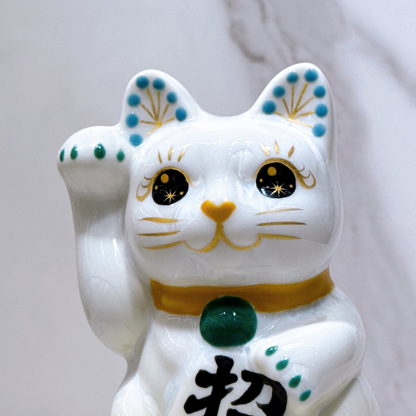 日本清水燒招財貓 花結晶 黃白 招福 右 特小