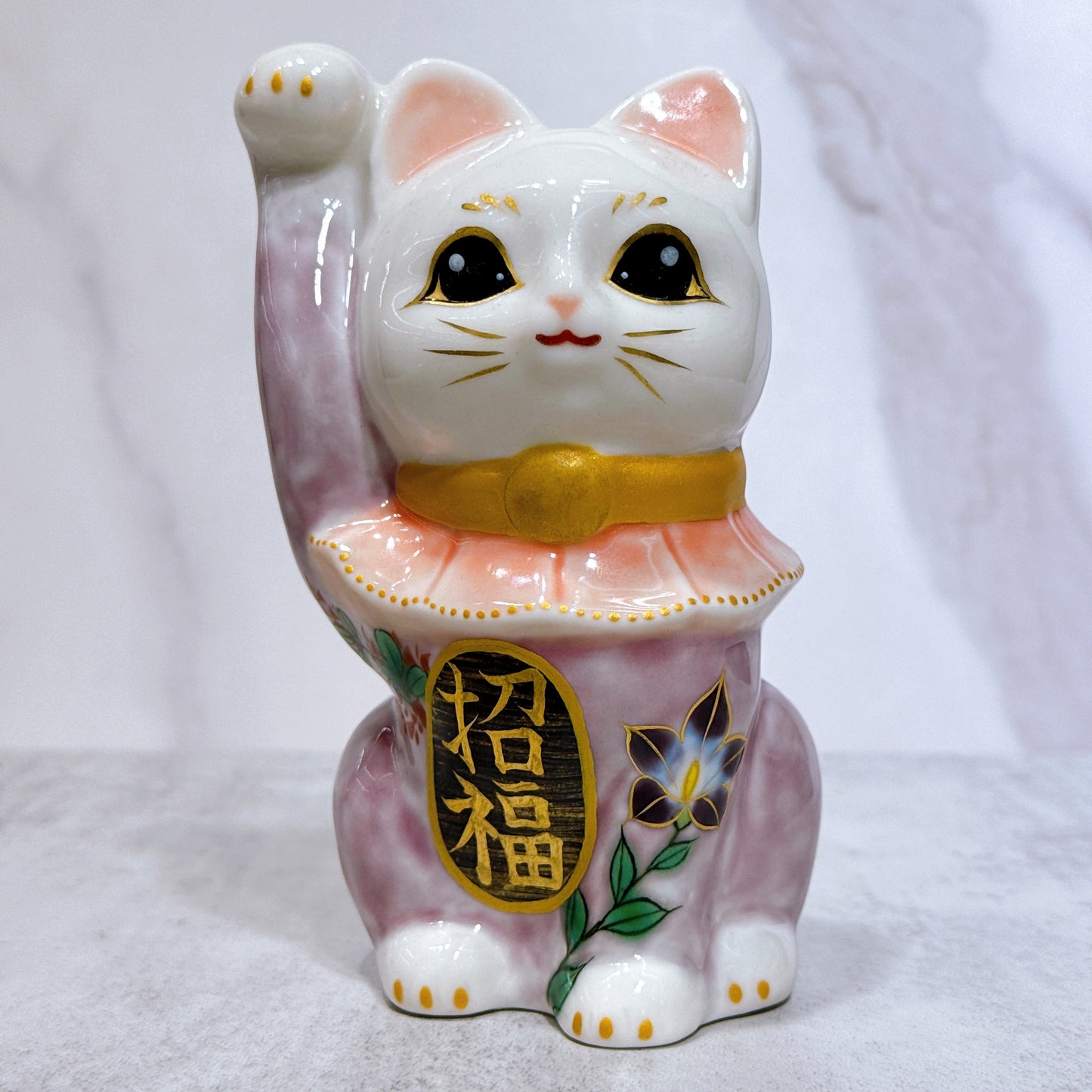 日本清水燒招財貓 色繪 紫地 秋草