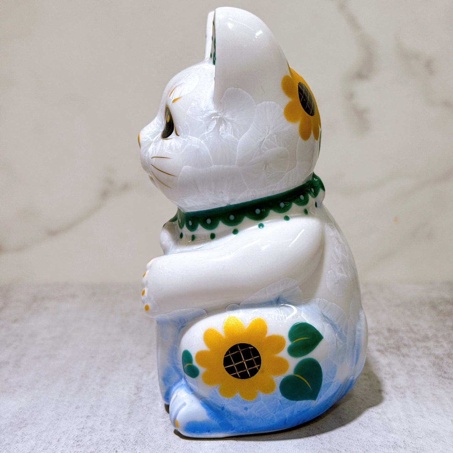 日本清水燒招財貓 花結晶 青白 招福 体花 右