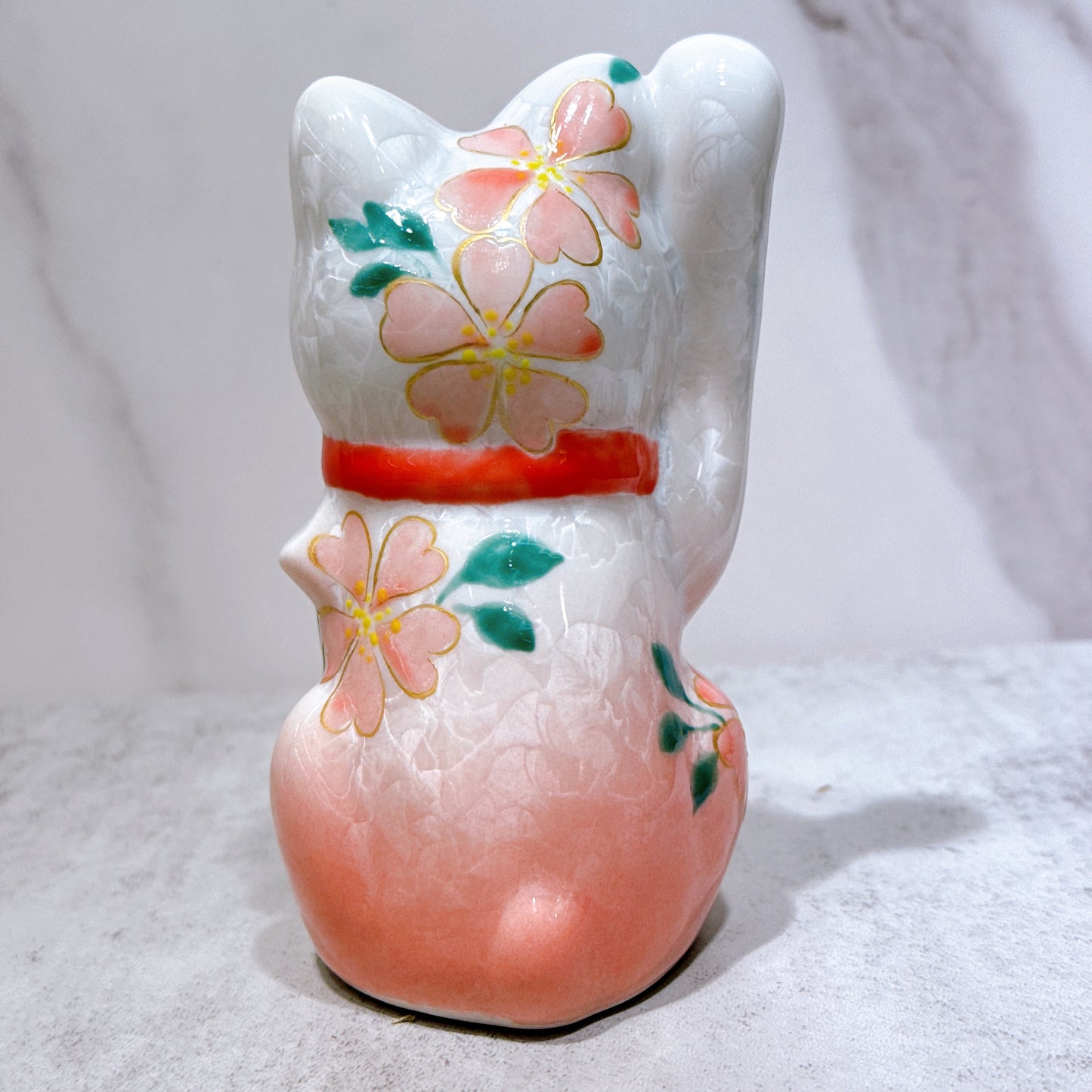 日本清水燒招財貓 花結晶 桃白 体花