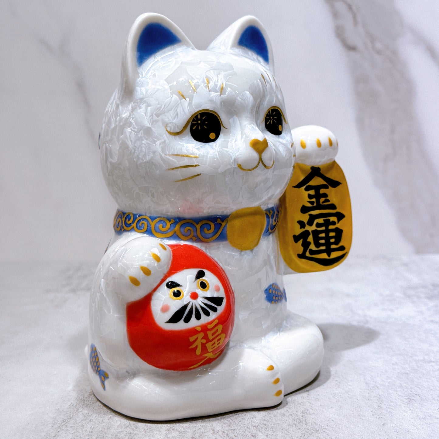 日本清水燒招財貓 達摩 花結晶 白 金運