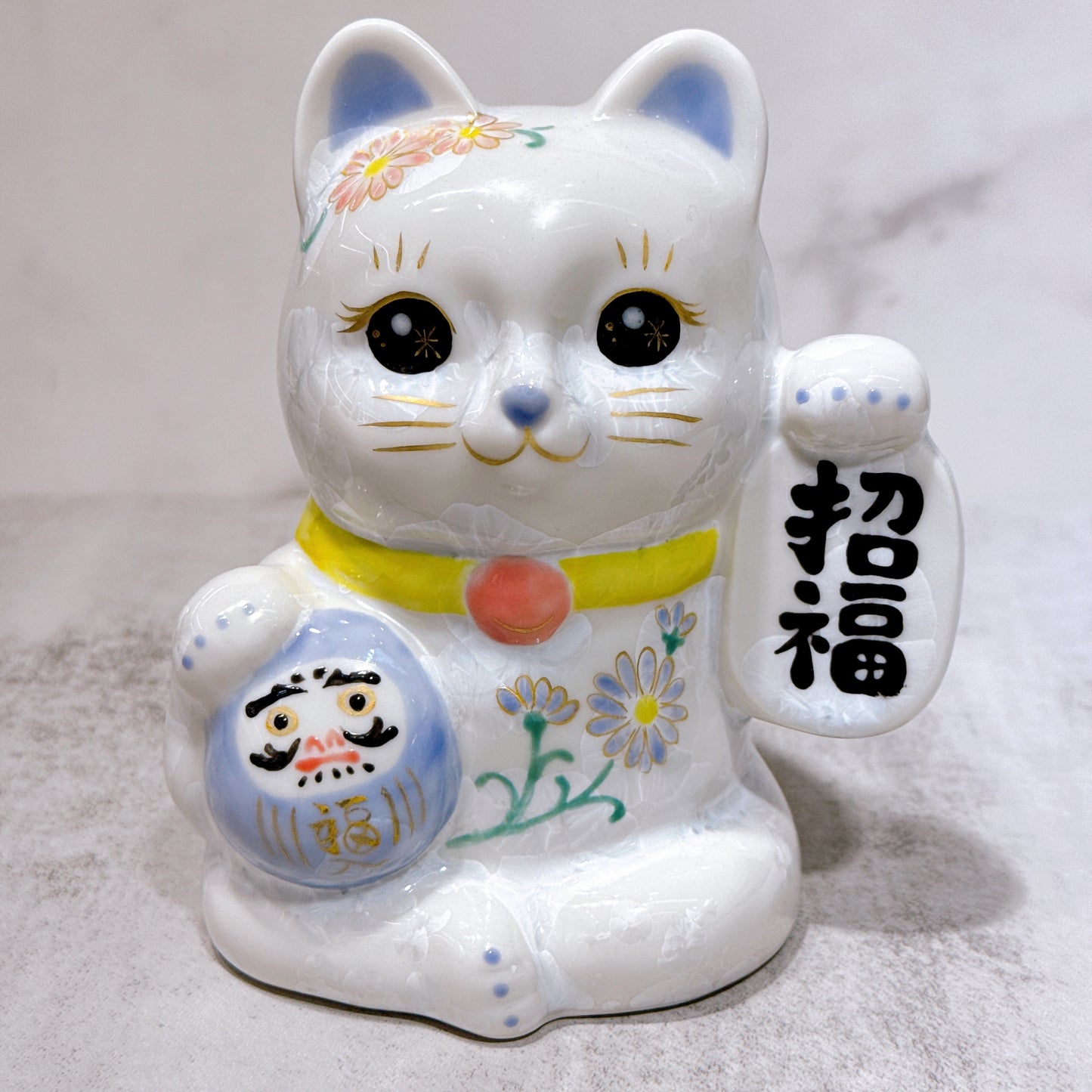 日本清水燒招財貓 達摩 花結晶 白 体花