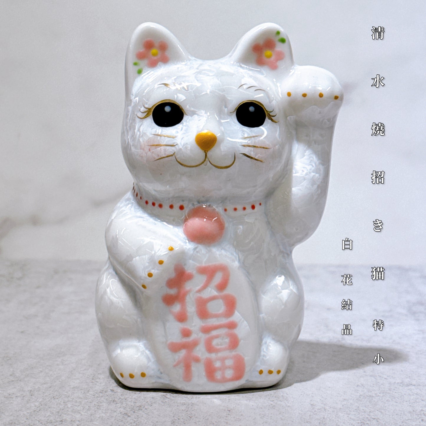 日本清水燒招財貓 花結晶 白 招福 左 特小