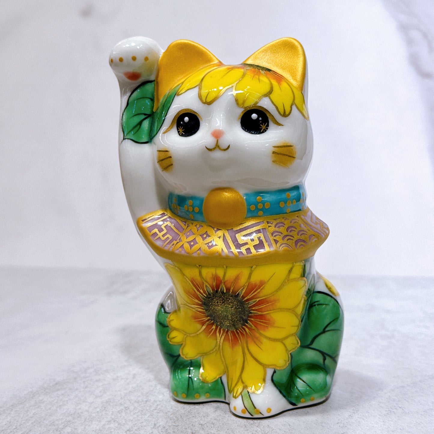 日本清水燒招財貓 色繪 向日葵