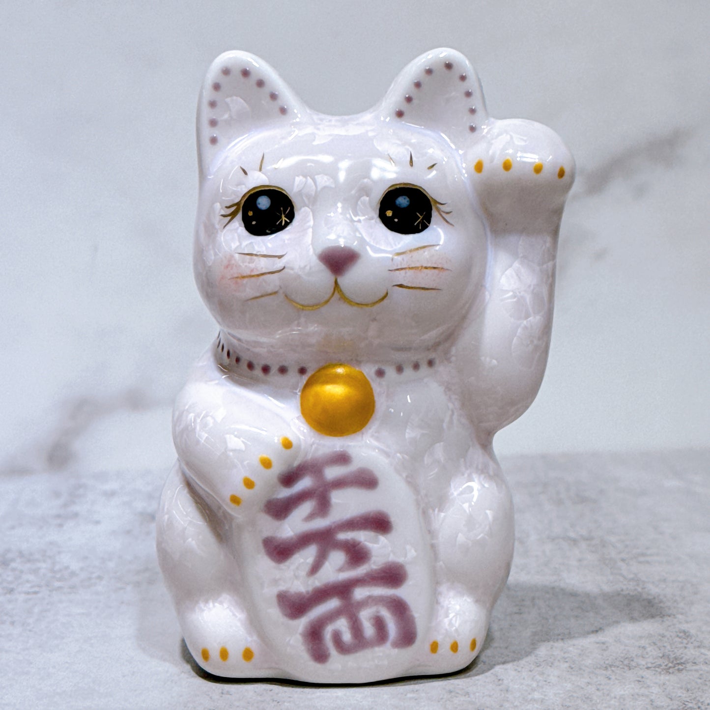 日本清水燒招財貓 花結晶 桃 左 特小