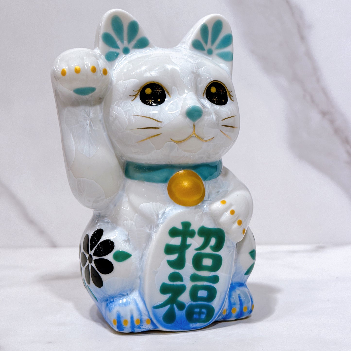 日本清水燒招財貓 花結晶 青白 体花 招福 右