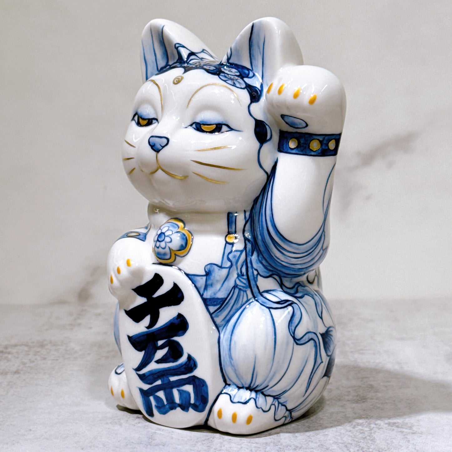 日本清水燒招財貓 染付 觀音 金彩
