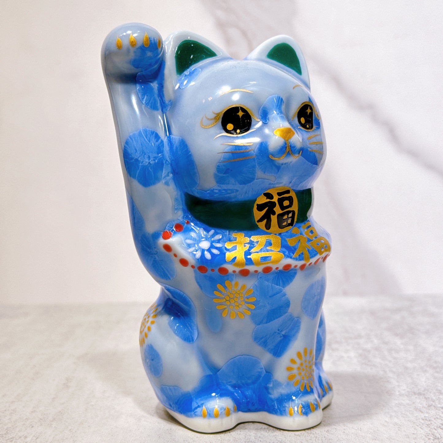 日本清水燒招財貓 花結晶 青 招福