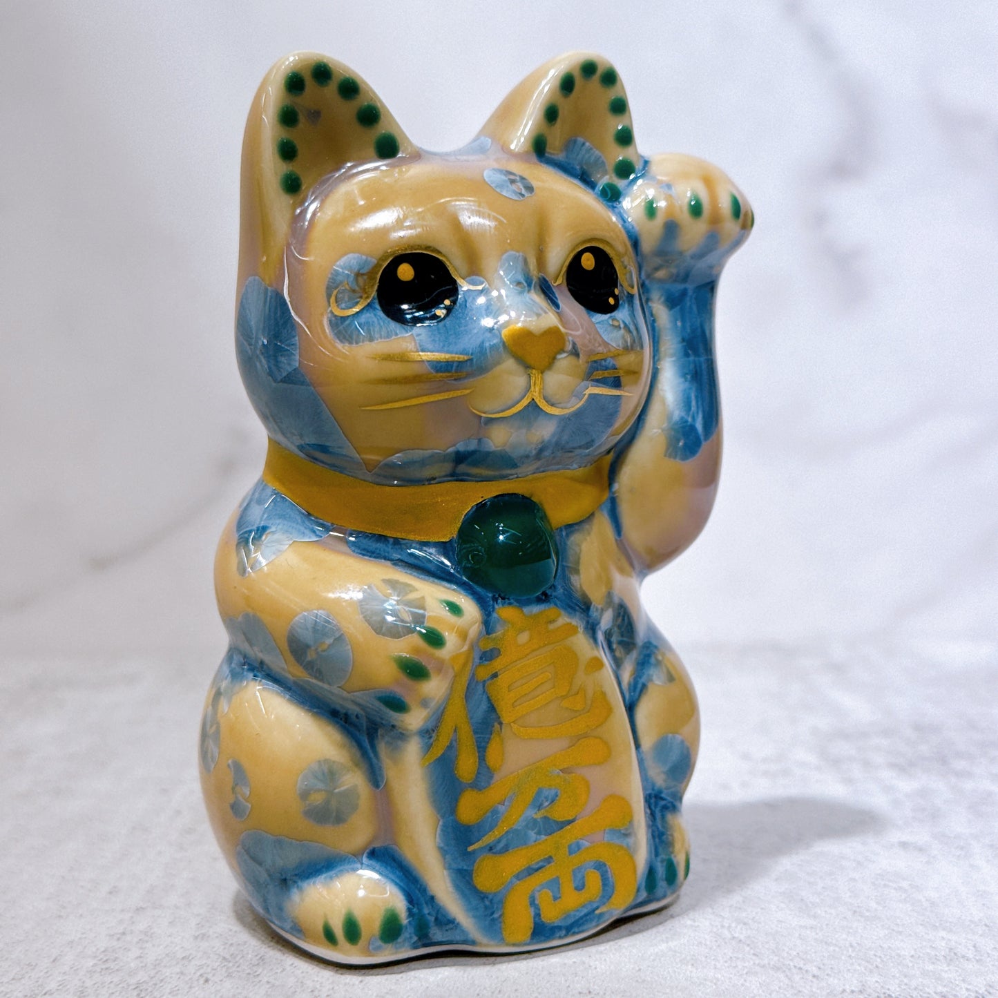 日本清水烧招财猫花结晶灰青亿万両特小
