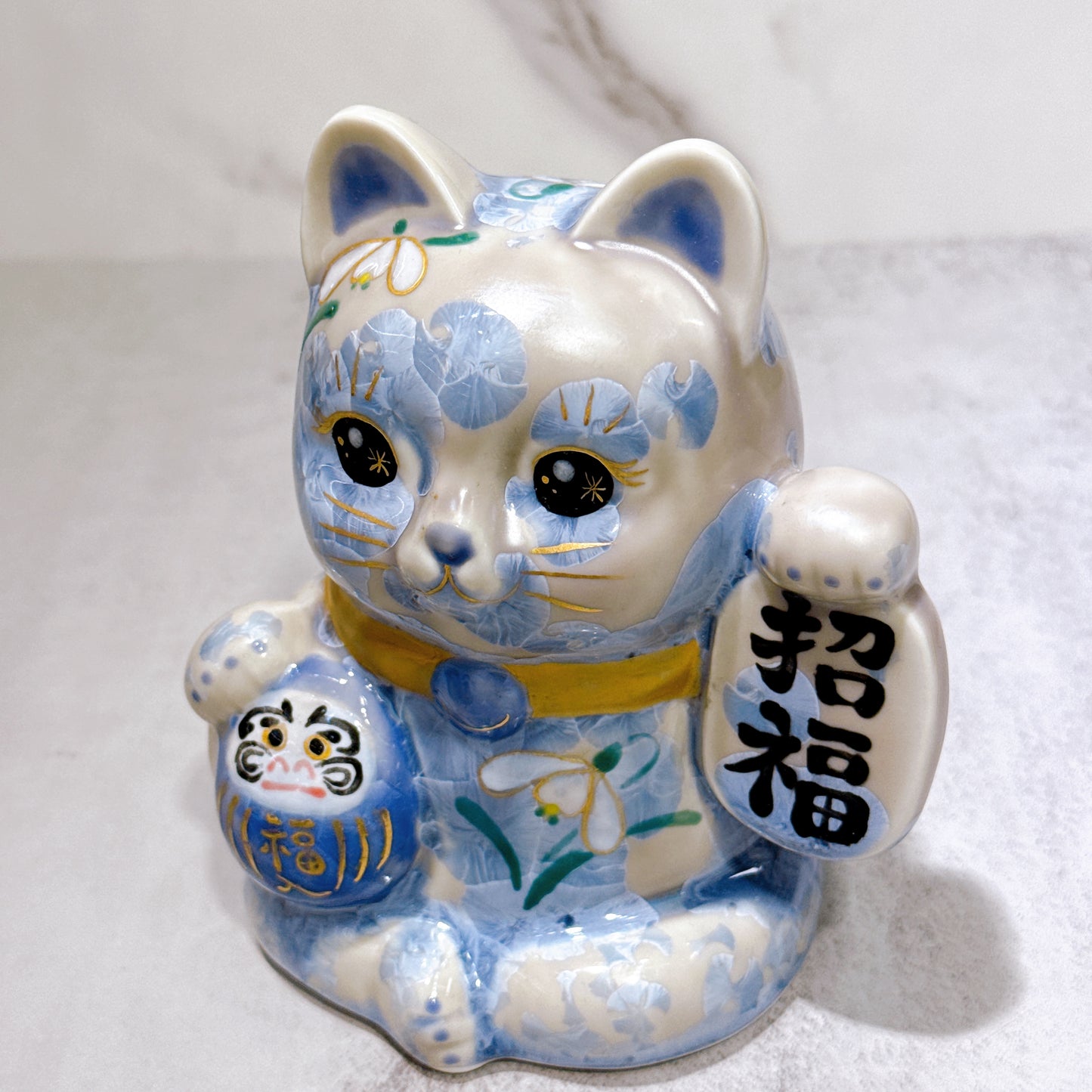 日本清水燒招財貓 達摩 花結晶 銀藤 招福