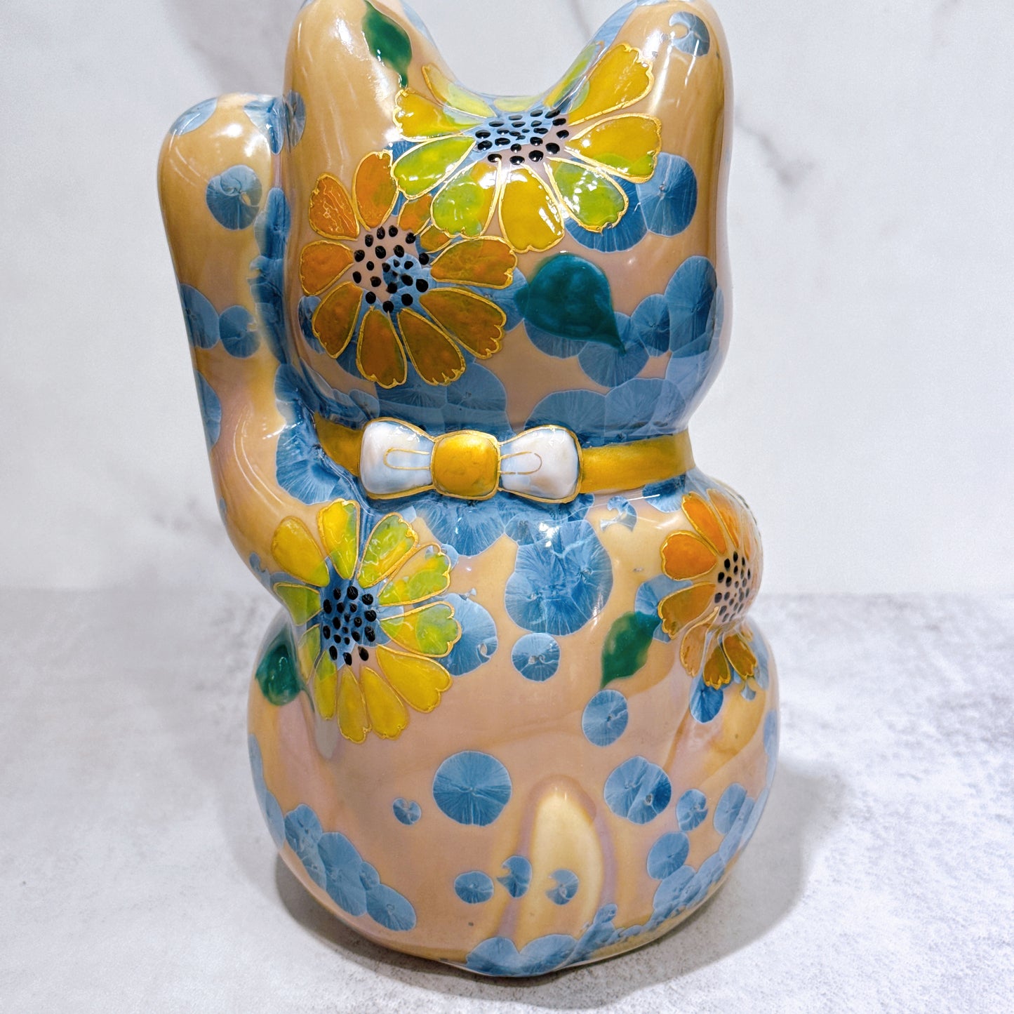 日本清水燒招財貓 花結晶 灰青 億万両 体花 特大 左