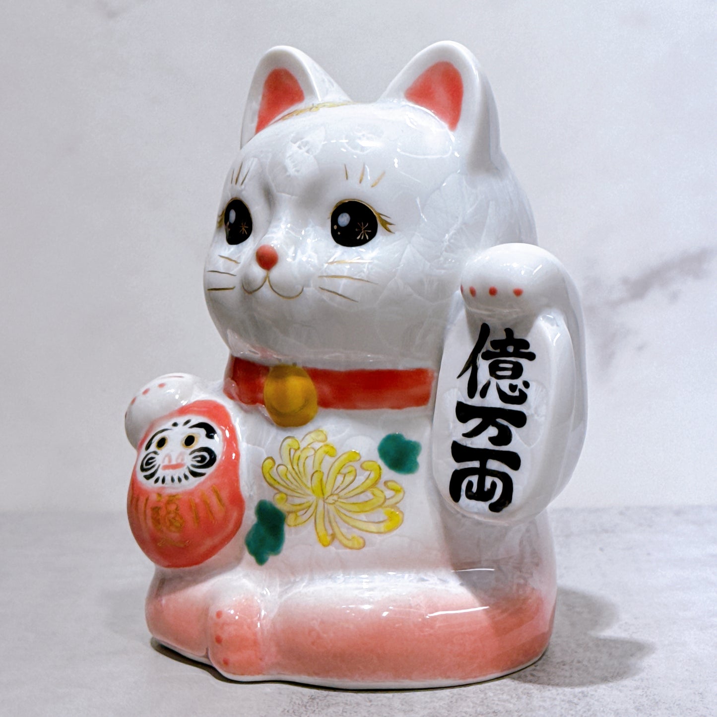 日本清水燒招財貓 達摩 花結晶 桃白 億万両