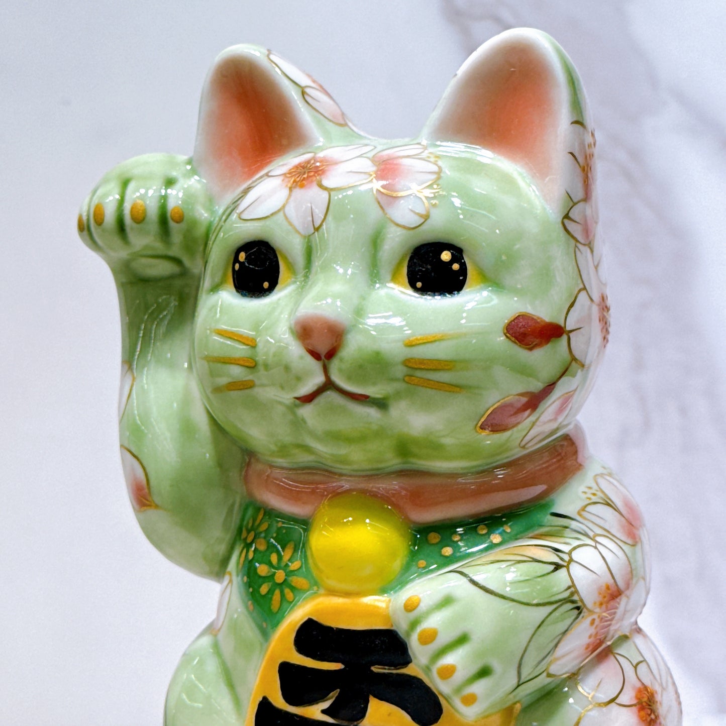 日本清水燒招財貓 色繪 織部櫻