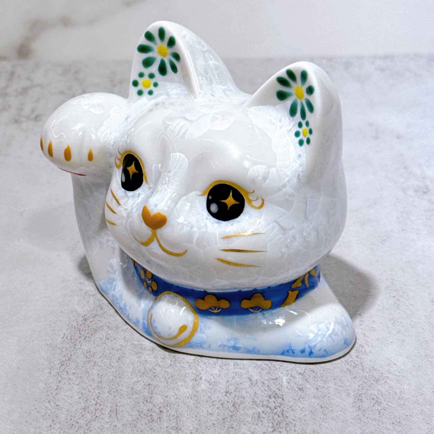 日本清水燒招財貓 貓半身 花結晶 青白