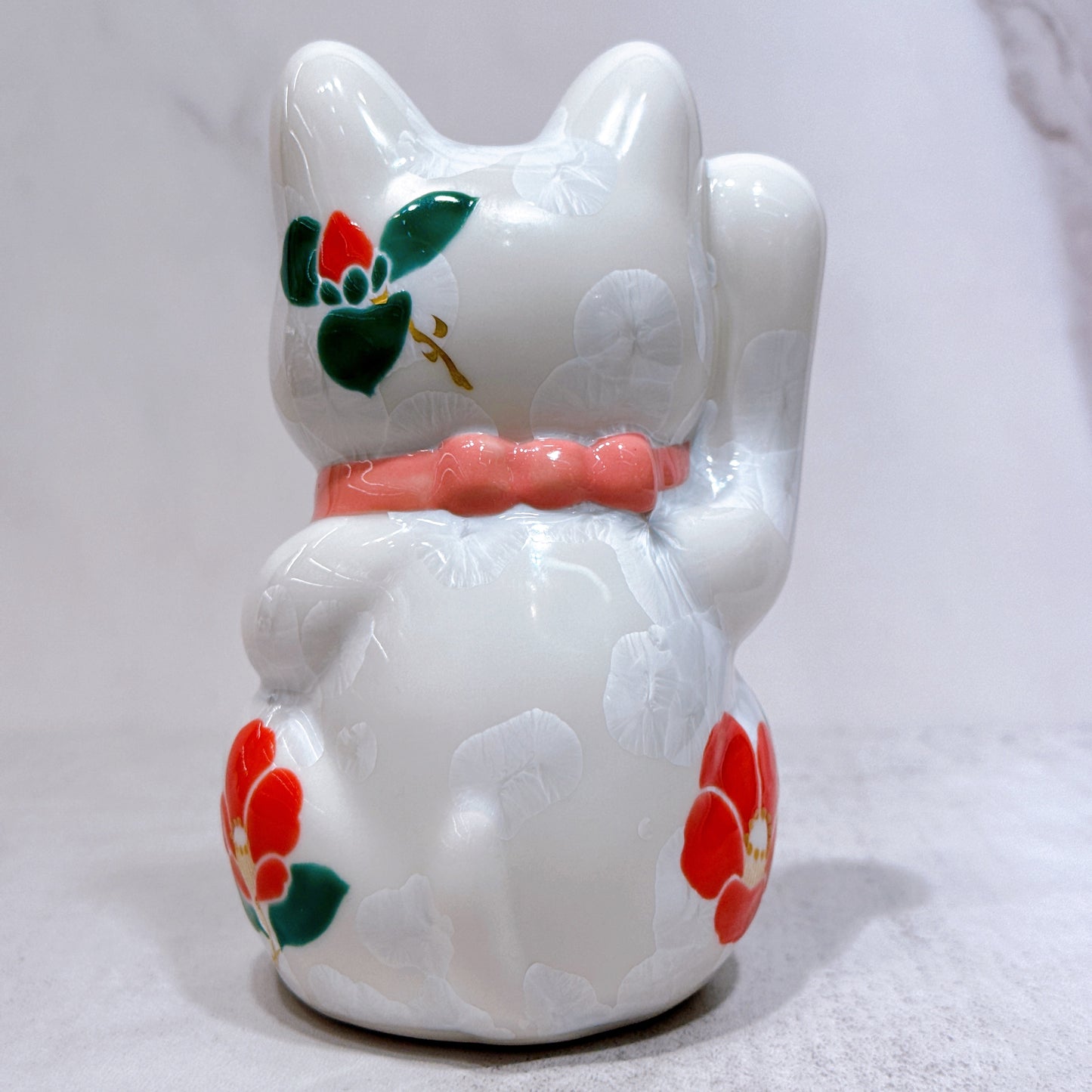 日本清水燒招財貓 花結晶 白 体花 招福 右