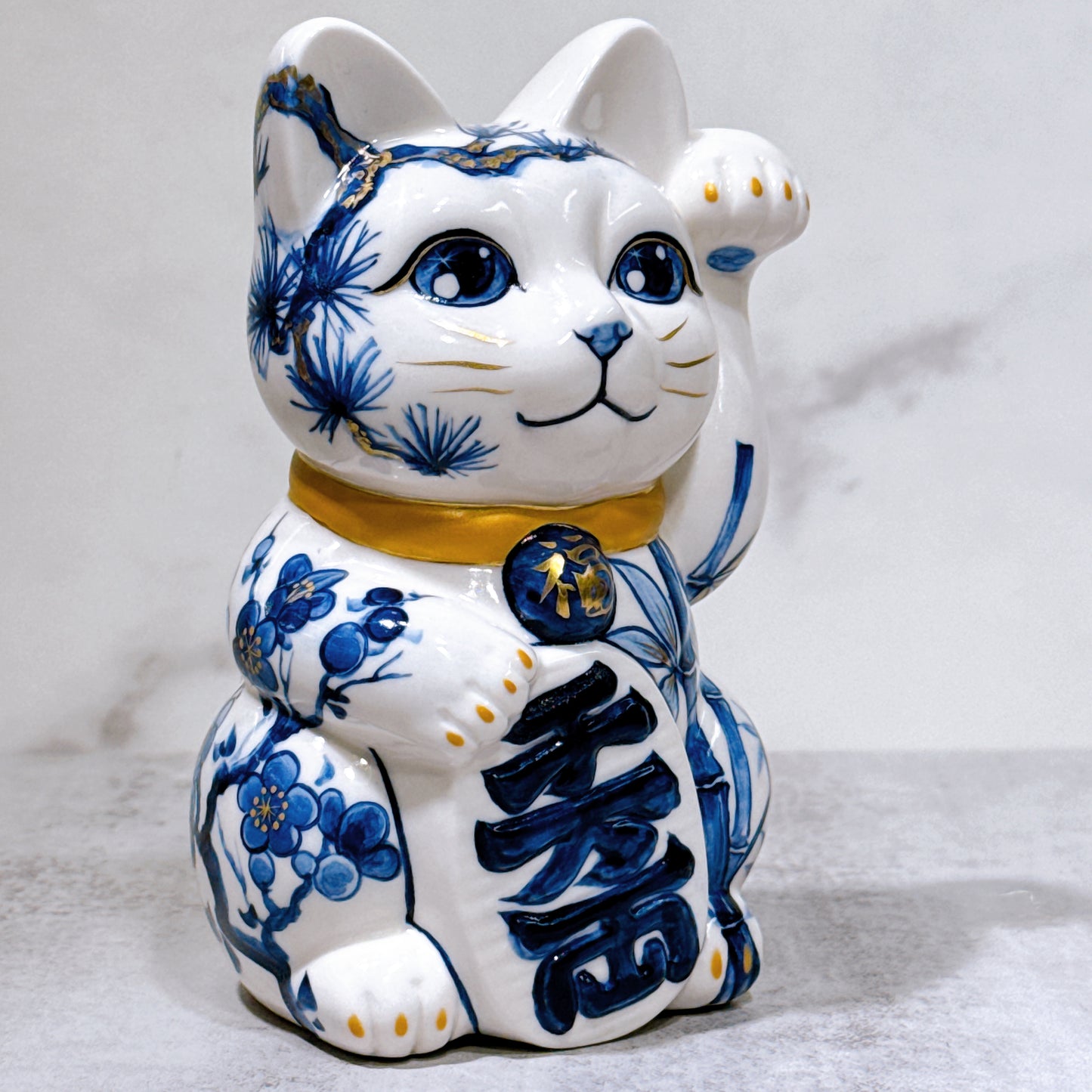 日本清水燒招財貓 染付 松竹梅 金彩