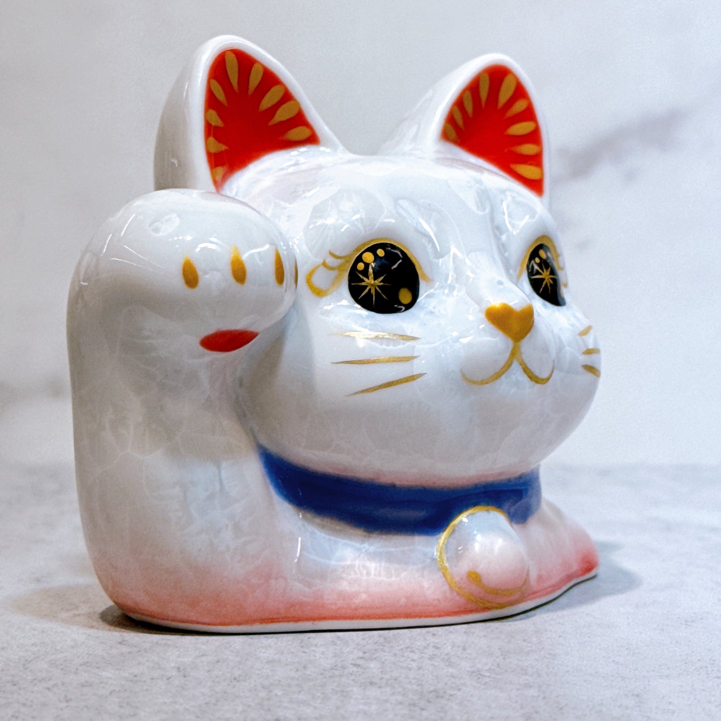 日本清水燒招財貓 貓半身 花結晶 桃白