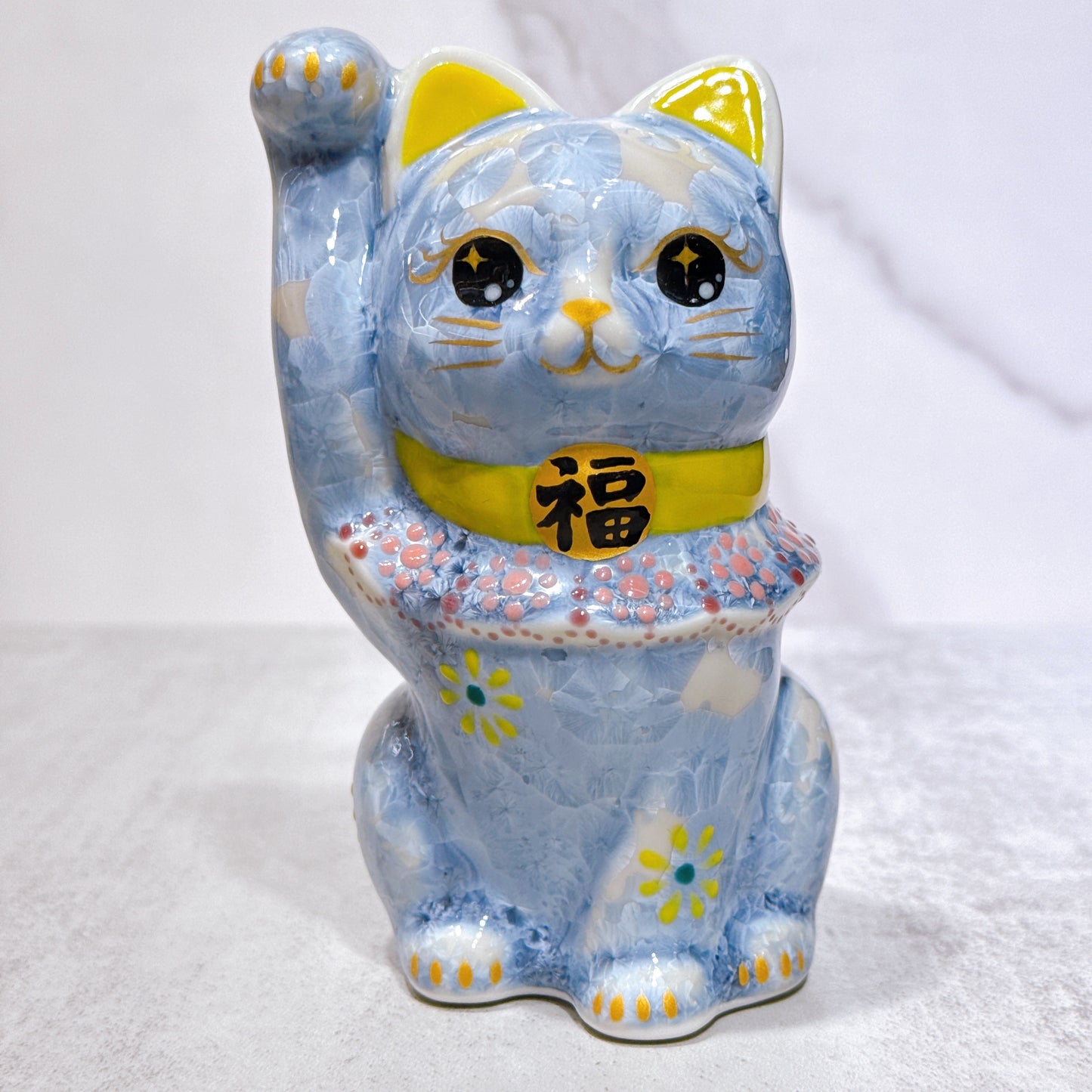 日本清水燒招財貓 花結晶 銀藤 招福