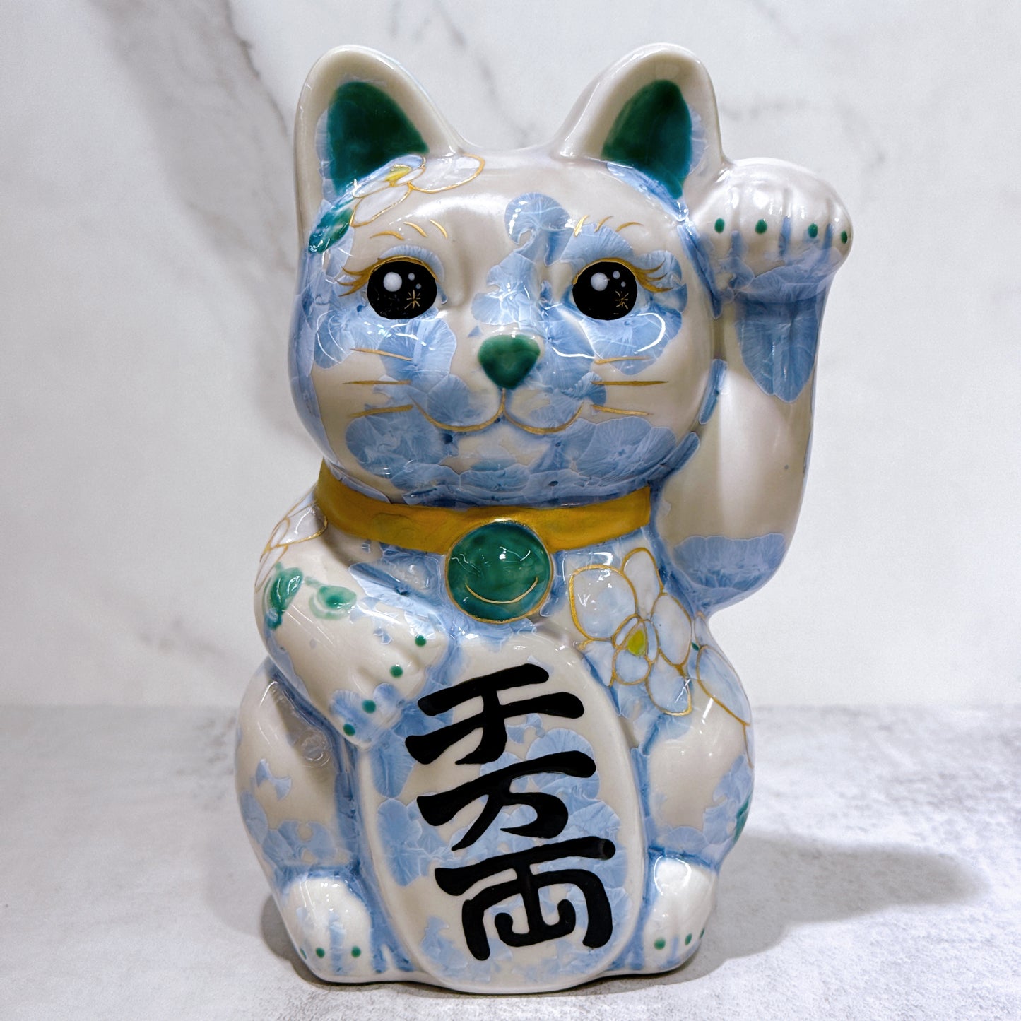 日本清水燒招財貓 花結晶 銀藤 億万両 体花 特大 左