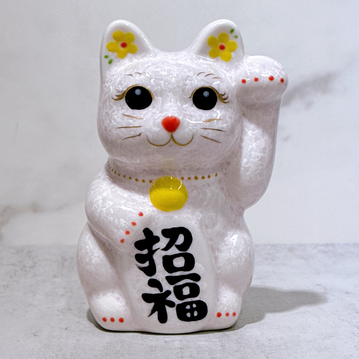 日本清水燒招財貓 花結晶 桃 招福 左 特小