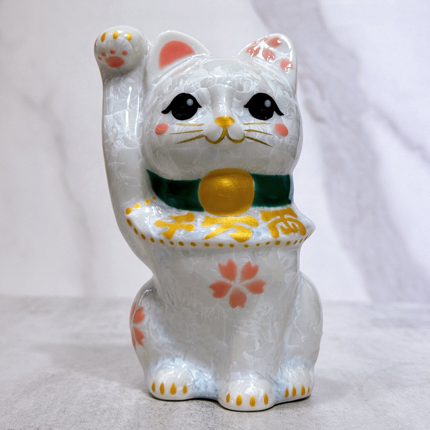 日本清水燒招財貓 花結晶 白 千万両
