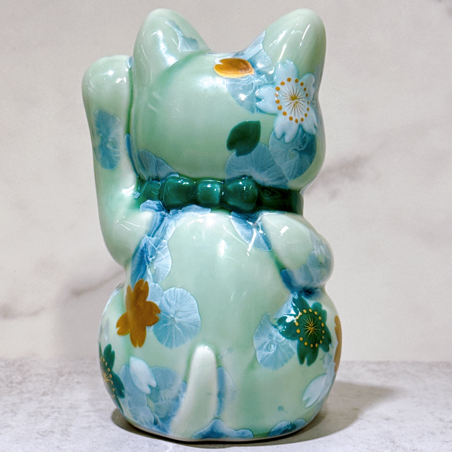 日本清水燒招財貓 花結晶 綠 千萬両 体花 左