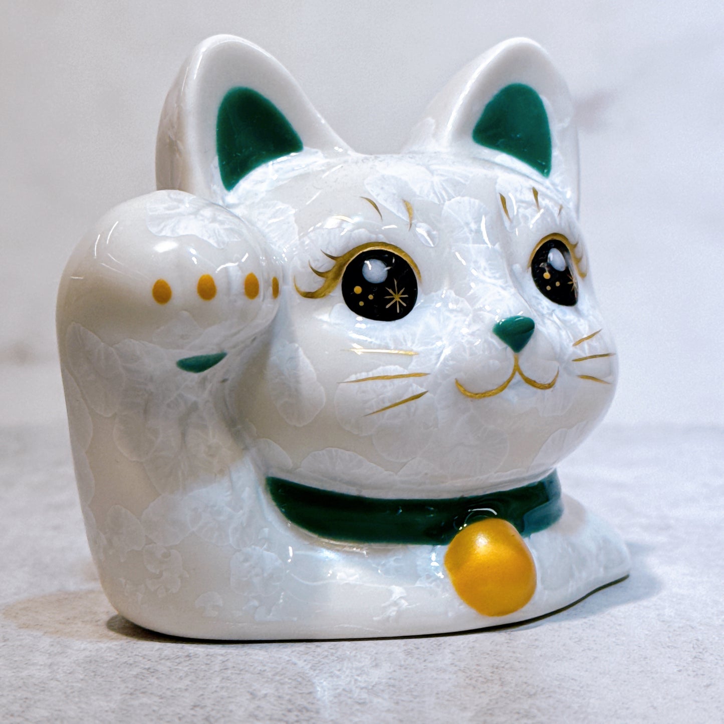 日本清水燒招財貓 貓半身 花結晶 白