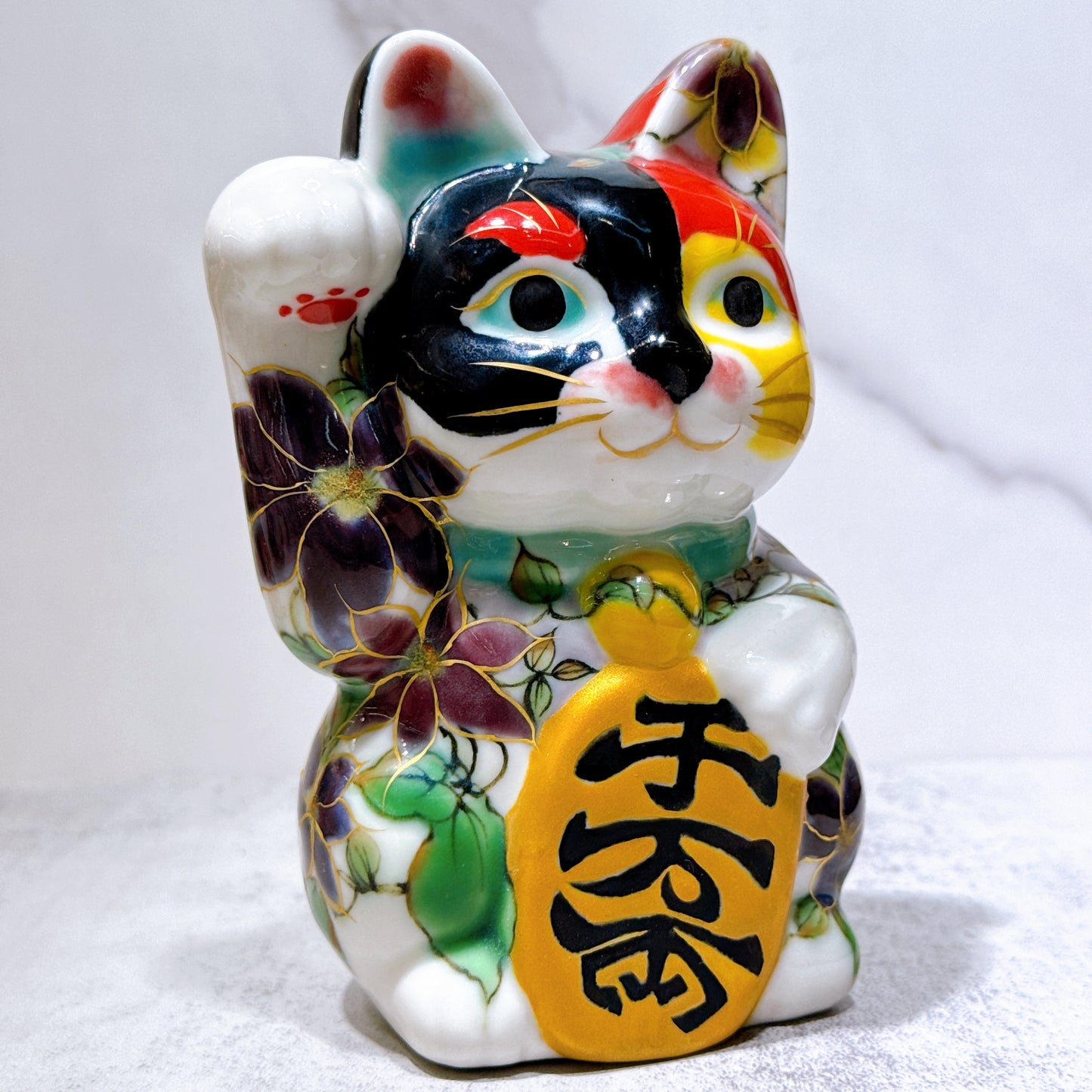 日本清水燒招財貓 色繪 鐵線