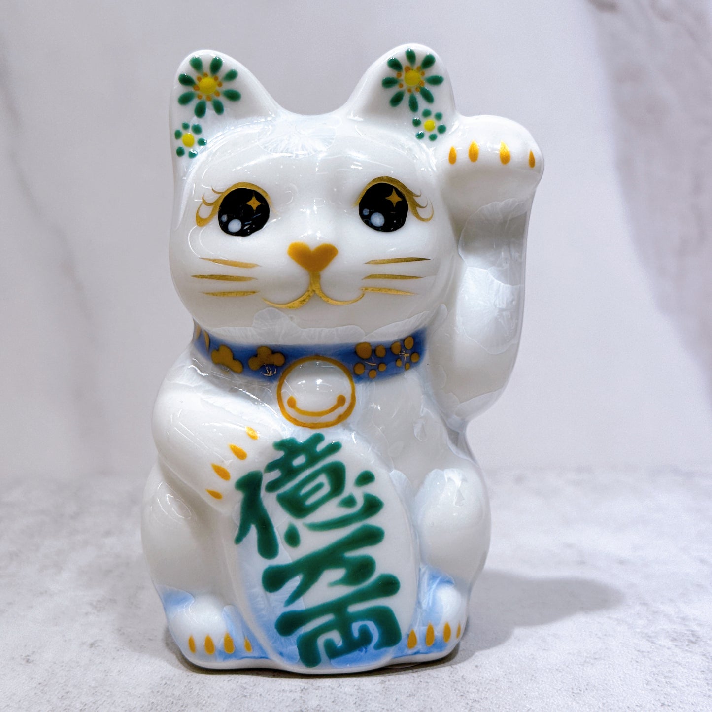 日本清水燒招財貓 花結晶 青白 億万両 左 特小