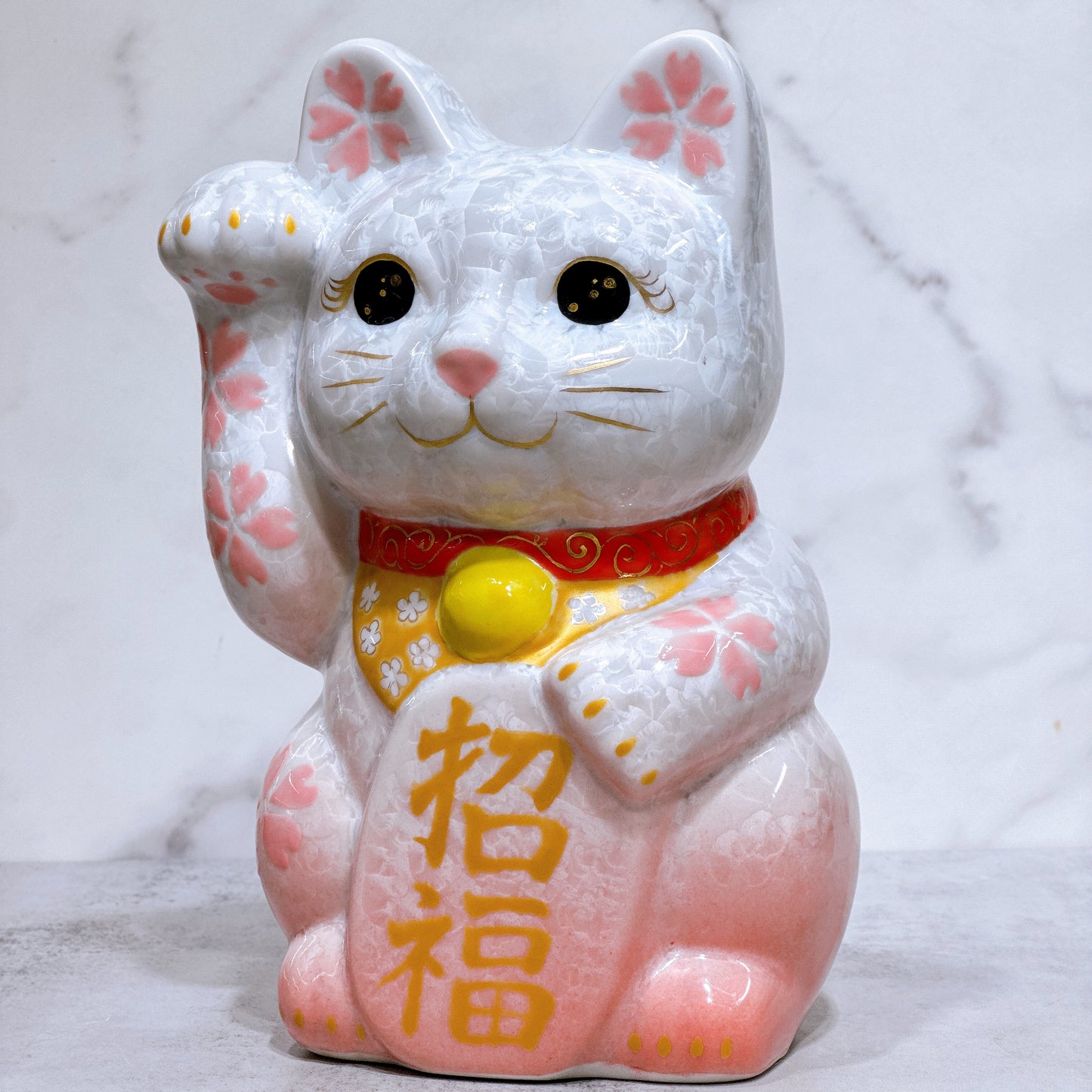 日本清水燒招財貓 花結晶 桃白 体花 特大 右