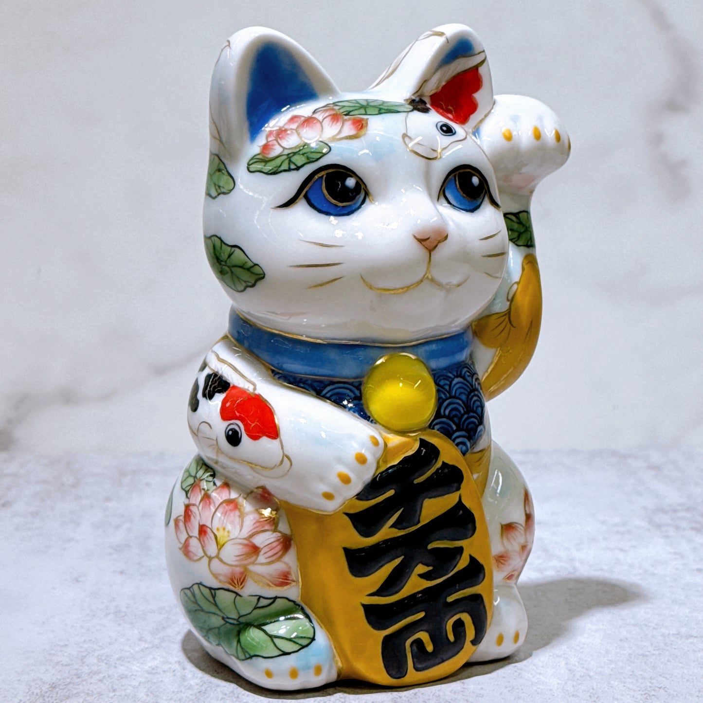 日本清水燒招財貓 色繪 鯉
