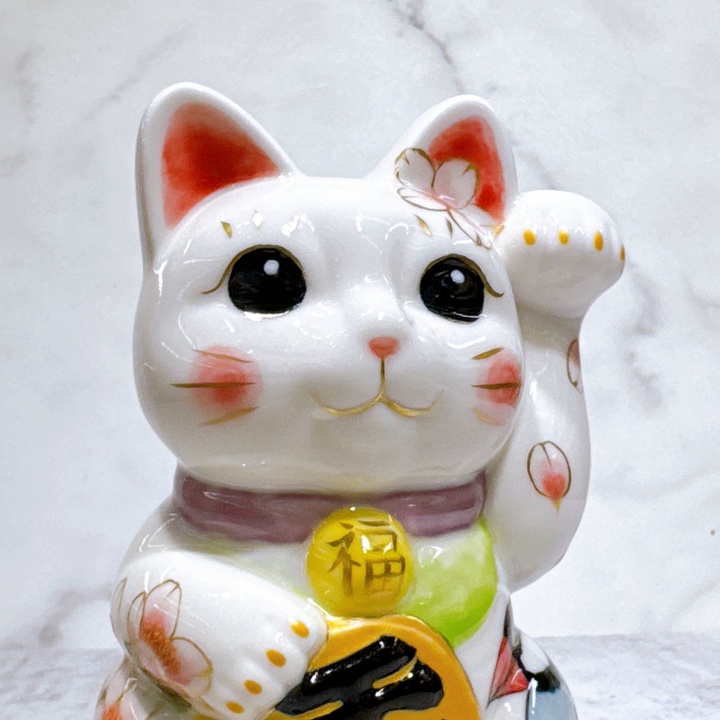 日本清水燒招財貓 色繪 白地花鳥