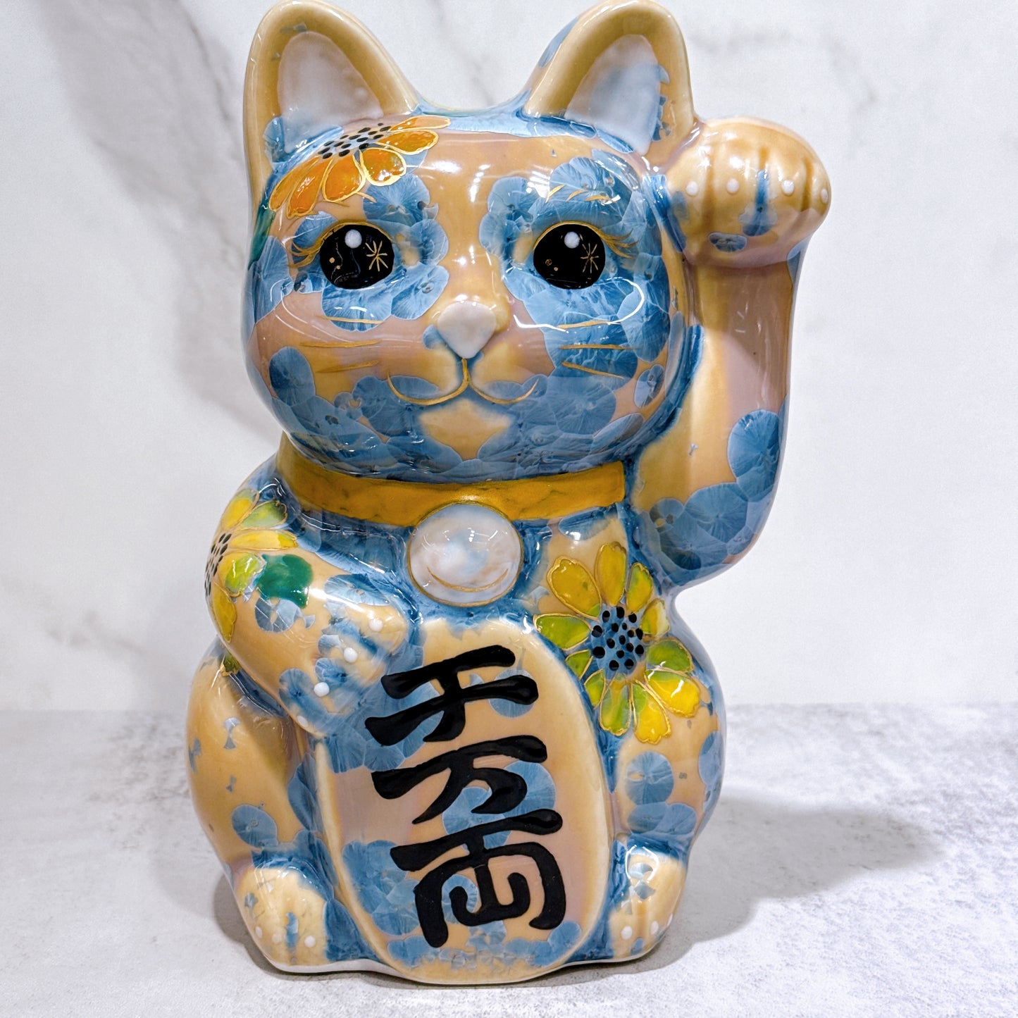 日本清水燒招財貓 花結晶 灰青 億万両 体花 特大 左