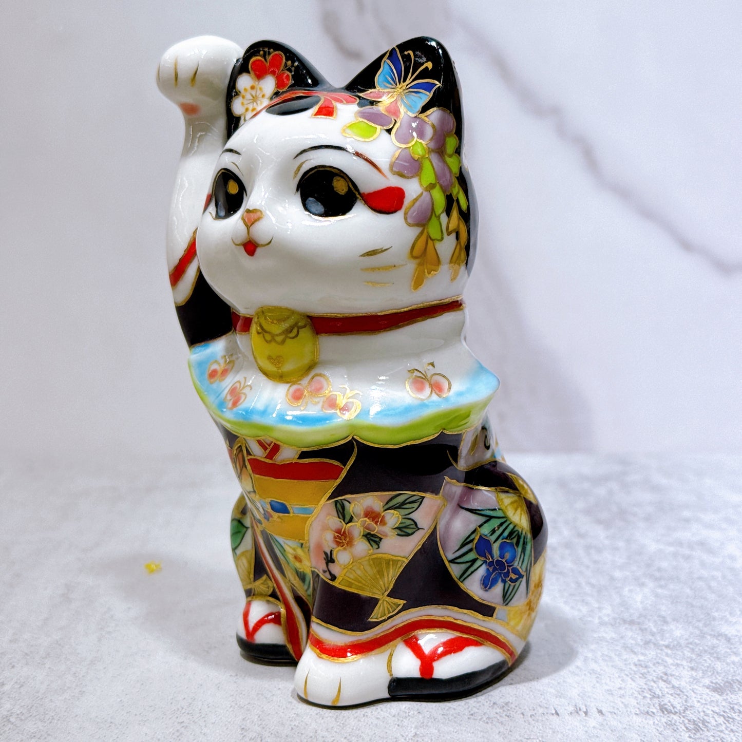 日本清水燒招財貓 色繪 舞妓蝶