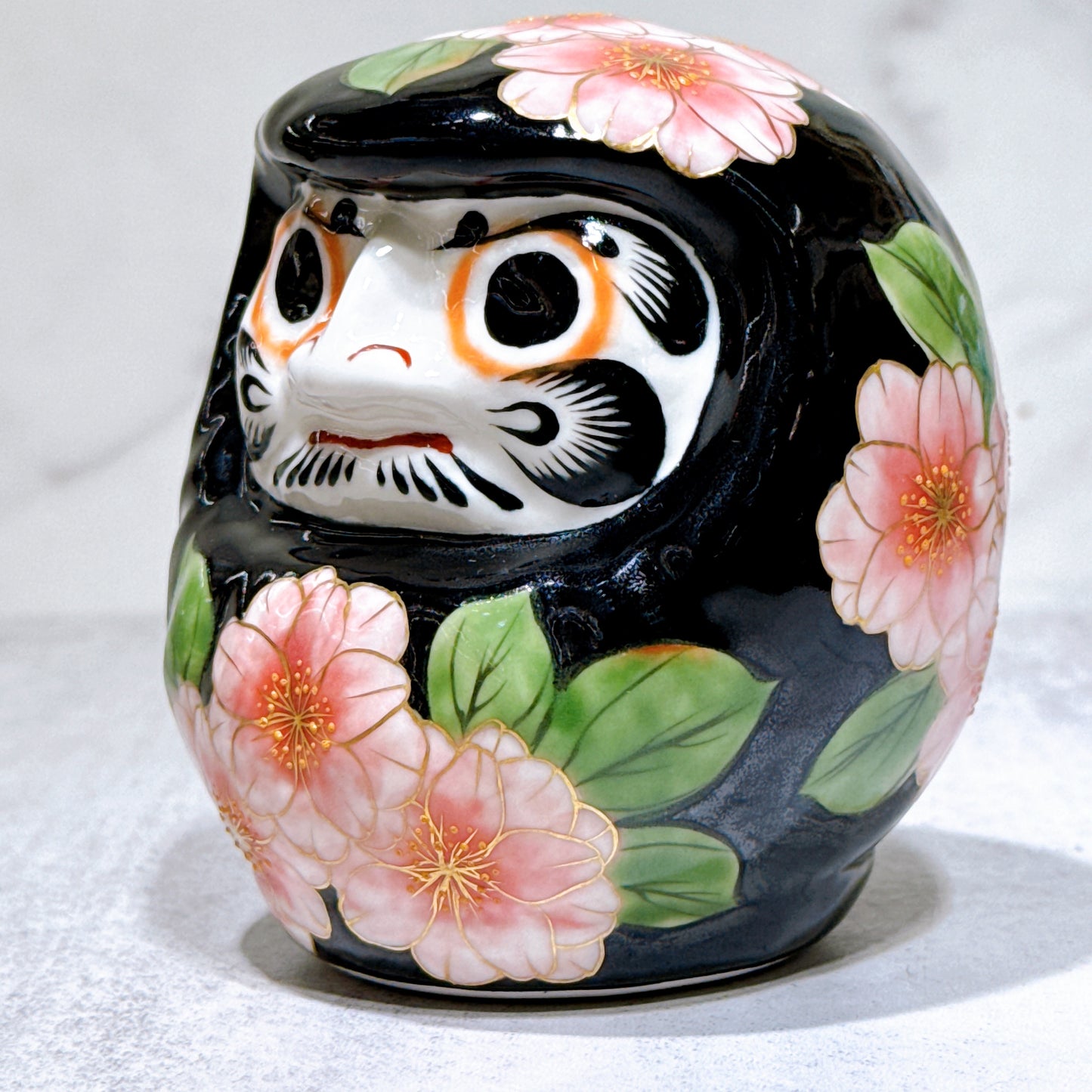 日本清水燒達摩 色繪 黑地八重櫻 小號