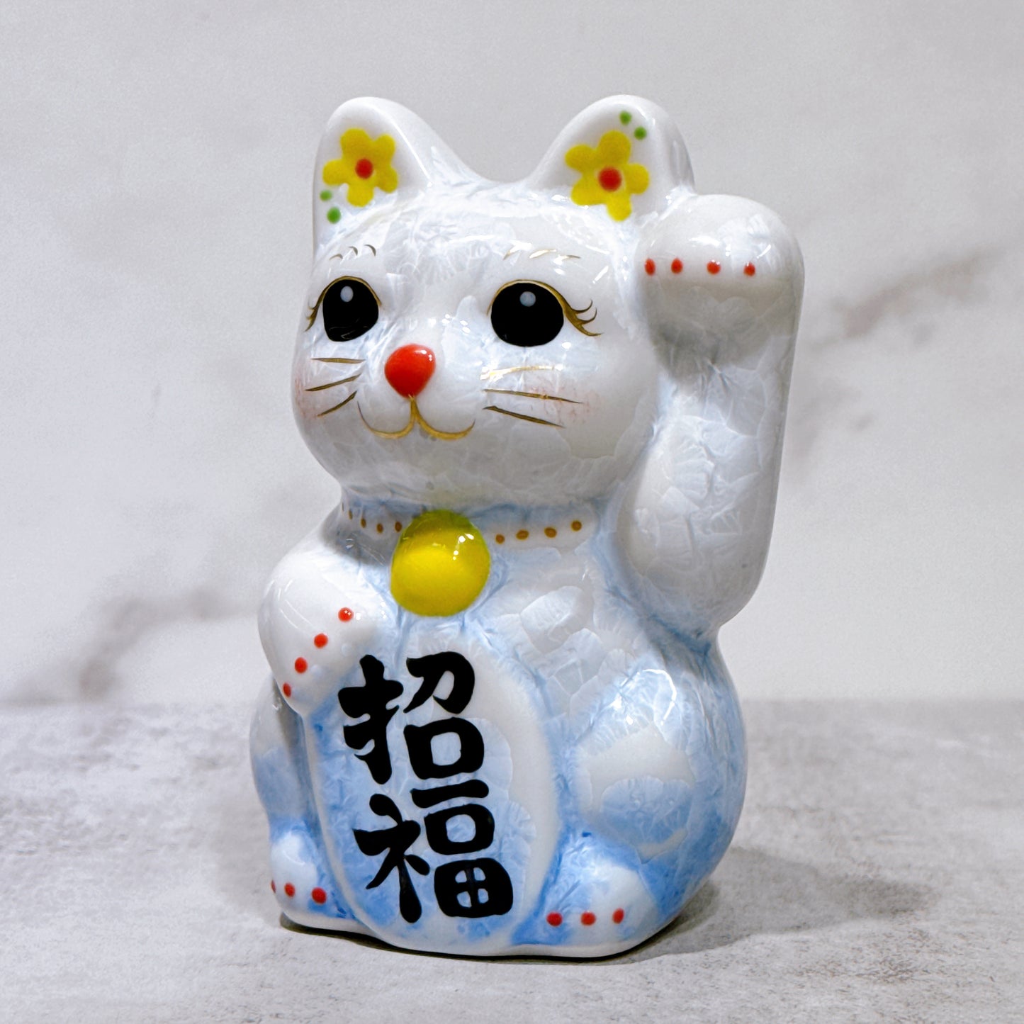 日本清水燒招財貓 花結晶 青白 左 特小