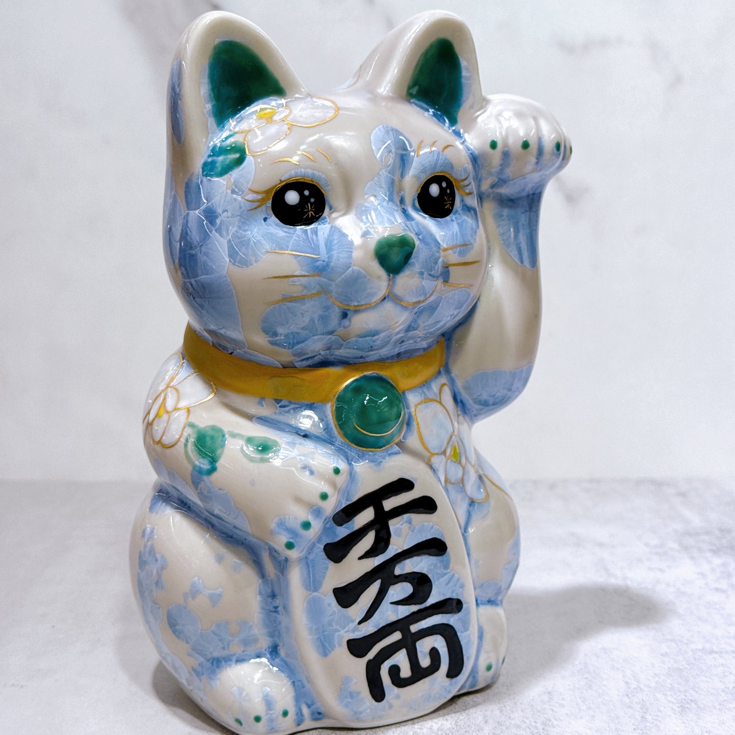 日本清水燒招財貓 花結晶 銀藤 億万両 体花 特大 左