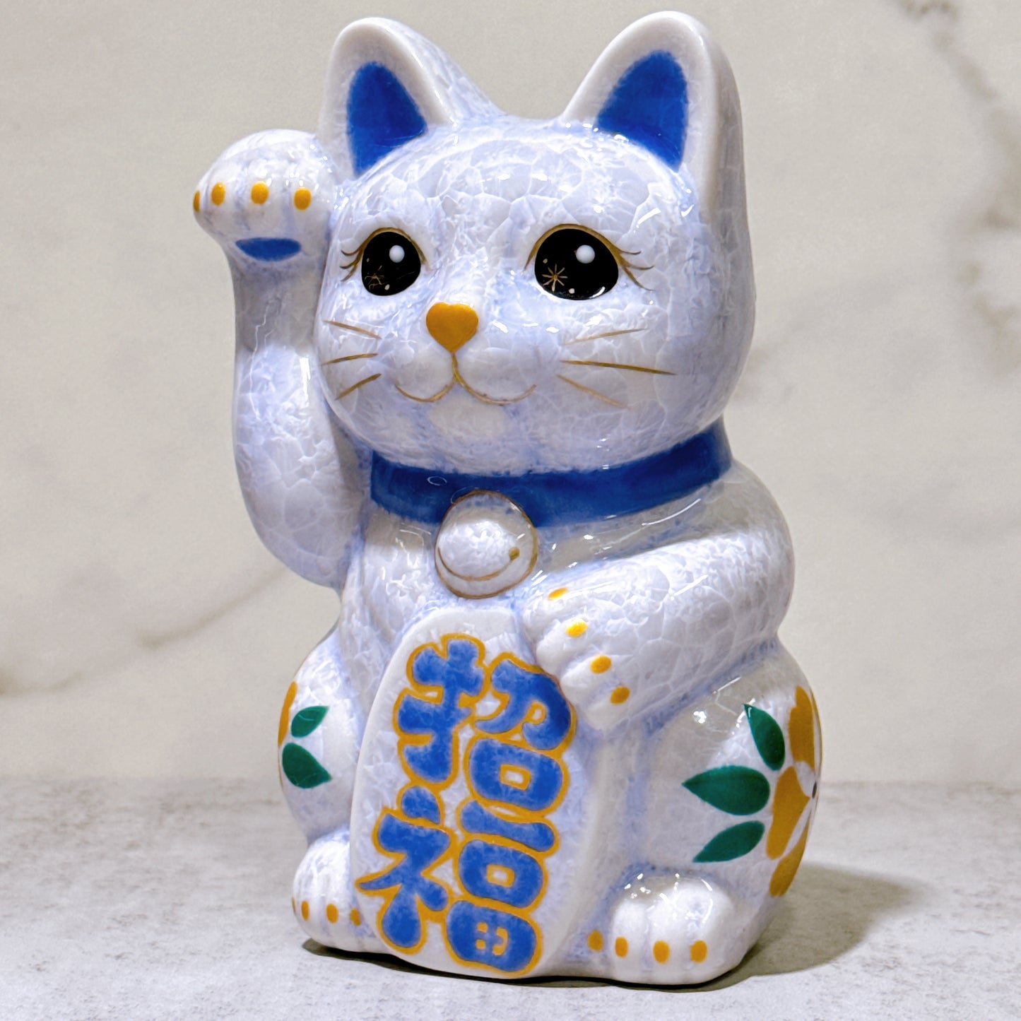 日本清水燒招財貓 花結晶 藤 体花 招福 右