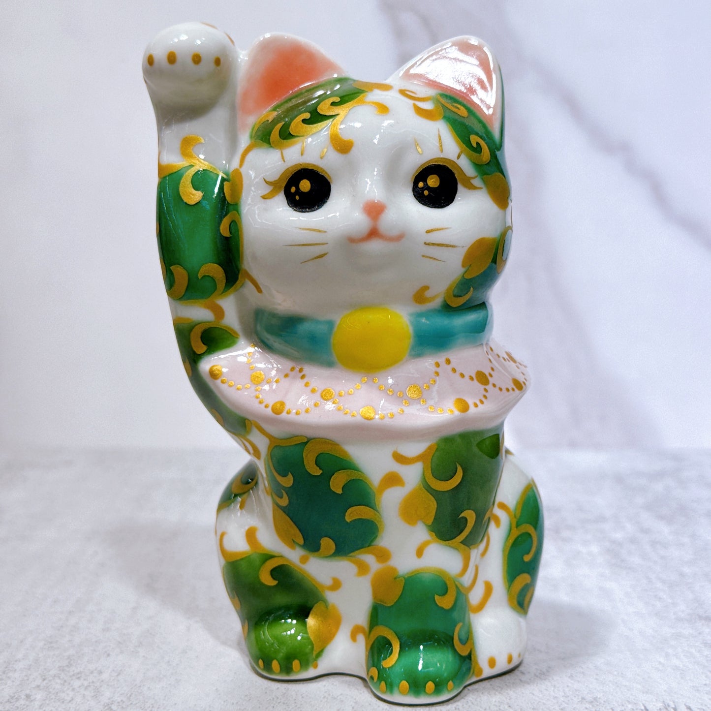 日本清水燒招財貓 色繪 白地 唐草