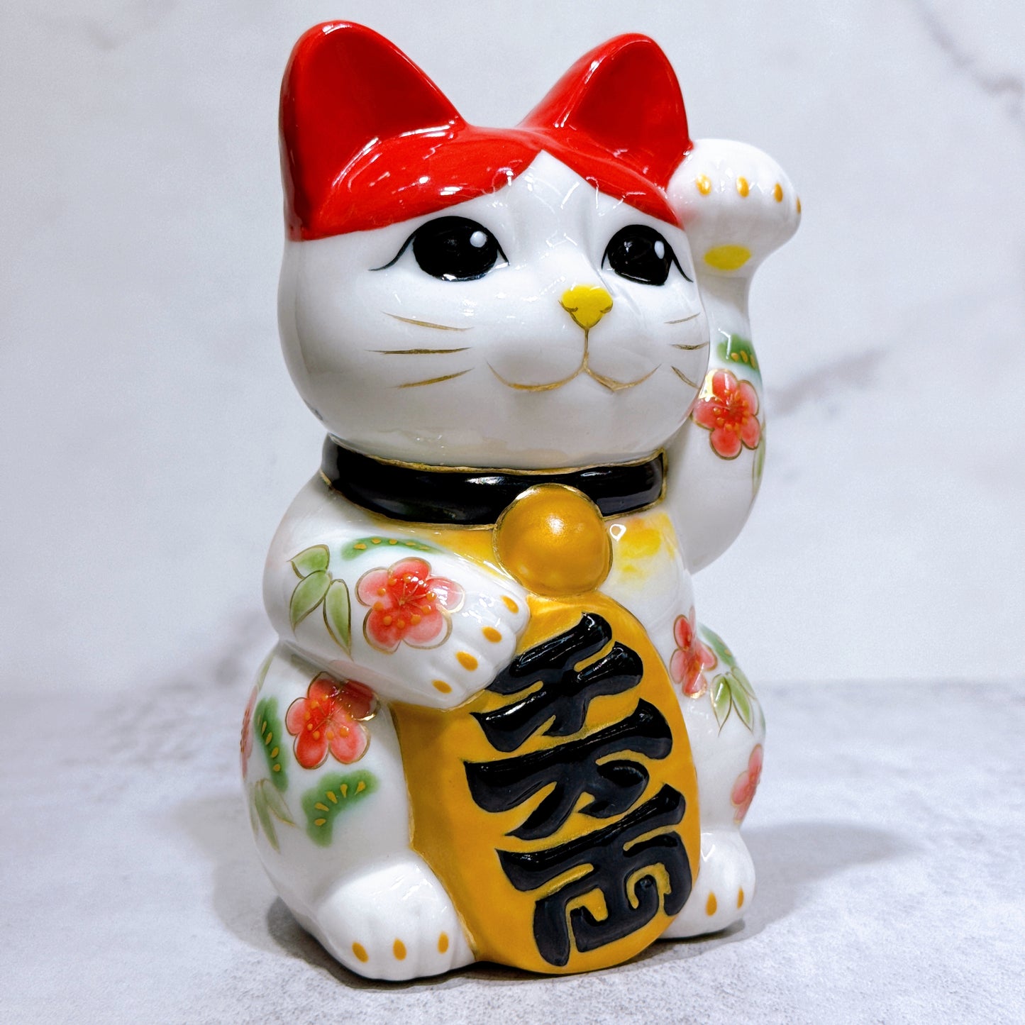 日本清水烧招财猫 色绘 鹤