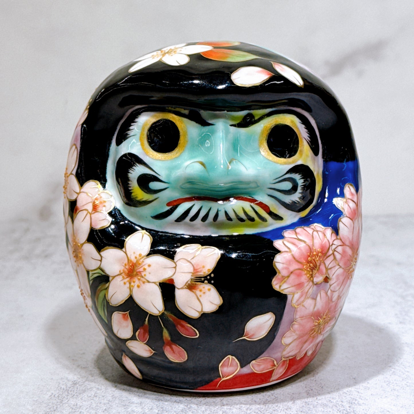 日本清水燒達摩 色繪 黑地 富士櫻 小號