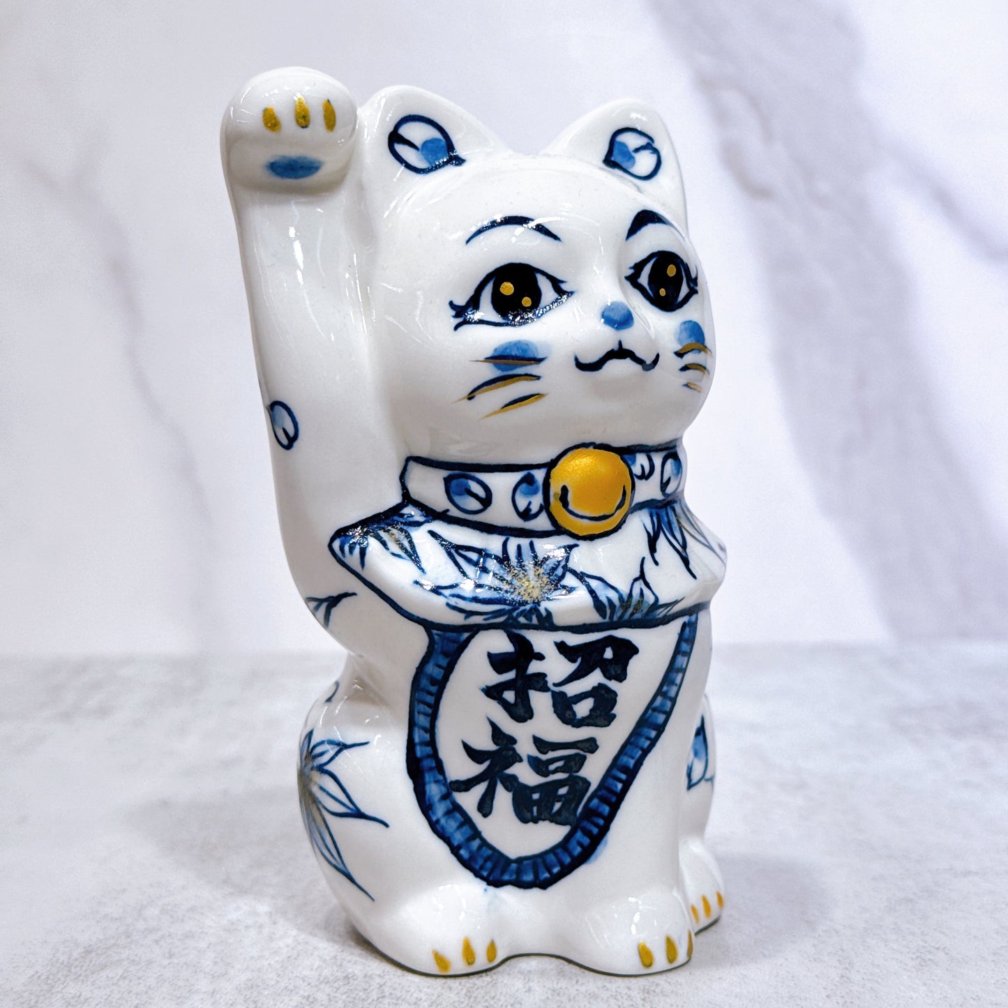 日本清水燒招財貓 染付 雲錦 金彩