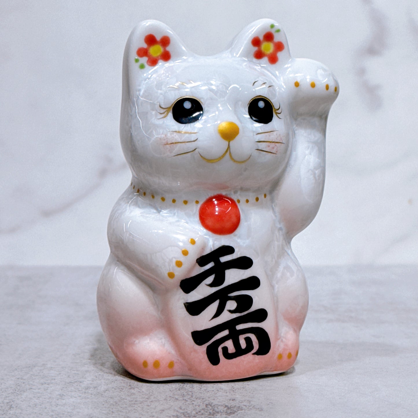 日本清水燒招財貓 花結晶 桃白 左 特小